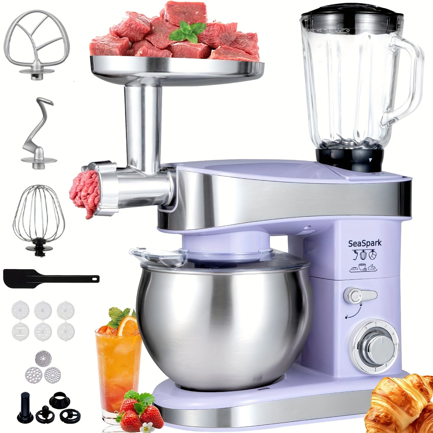 6-in-1 Electric Vertical Mixer, 400W 6-speed with Pulse Button, Accessories with 6.3QT Stainless Steel Bowl, Mixer, Dough Hook, Egg Beater, Spatula, Juicer Accessories, Meat Grinder Accessories and Noodle Pressing Accessories