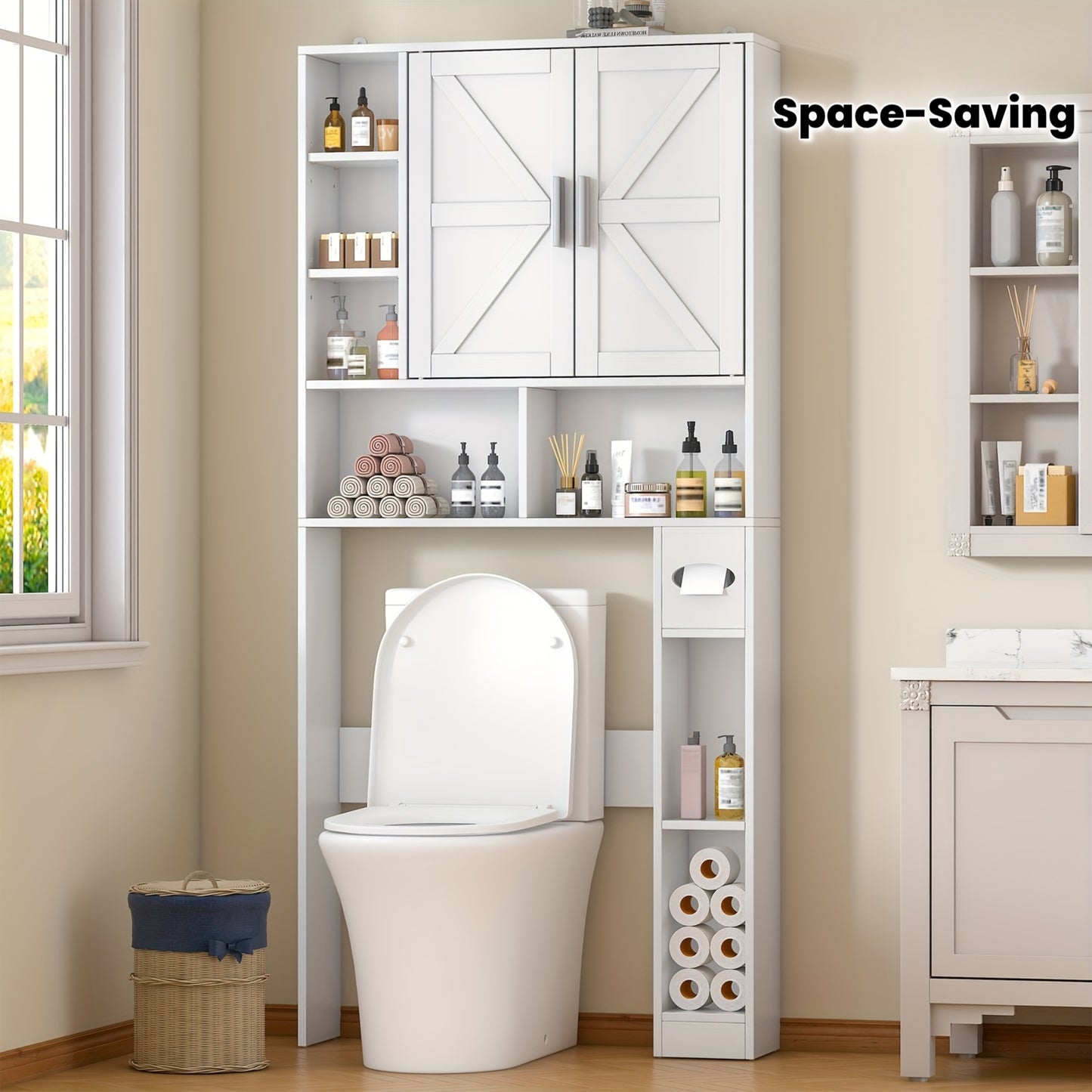 Over Toilet Storage Cabinet Farmhouse Two Barn Doors Toilet Paper Holder White
