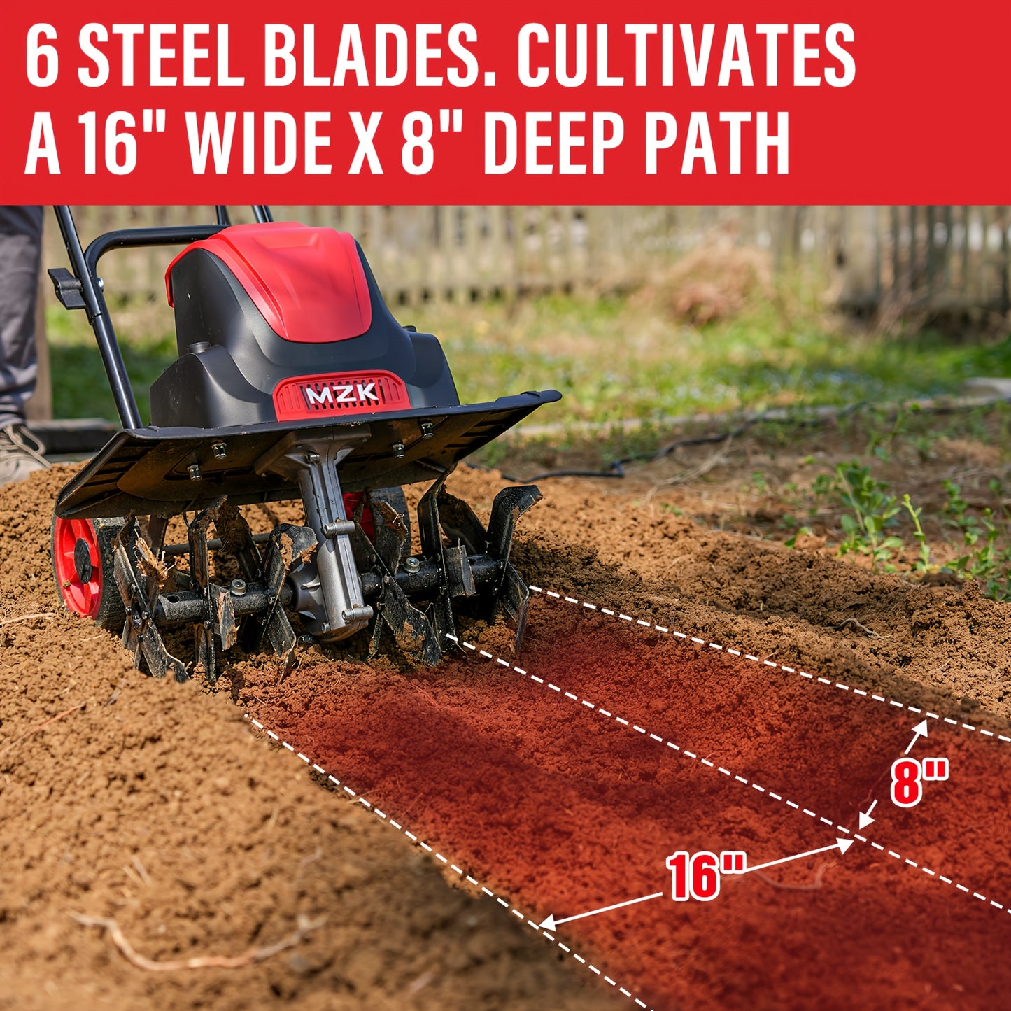 MZK 13.5 Amp Corded Tiller Cultivator 16in Width 8in Depth Adjustable Wheels