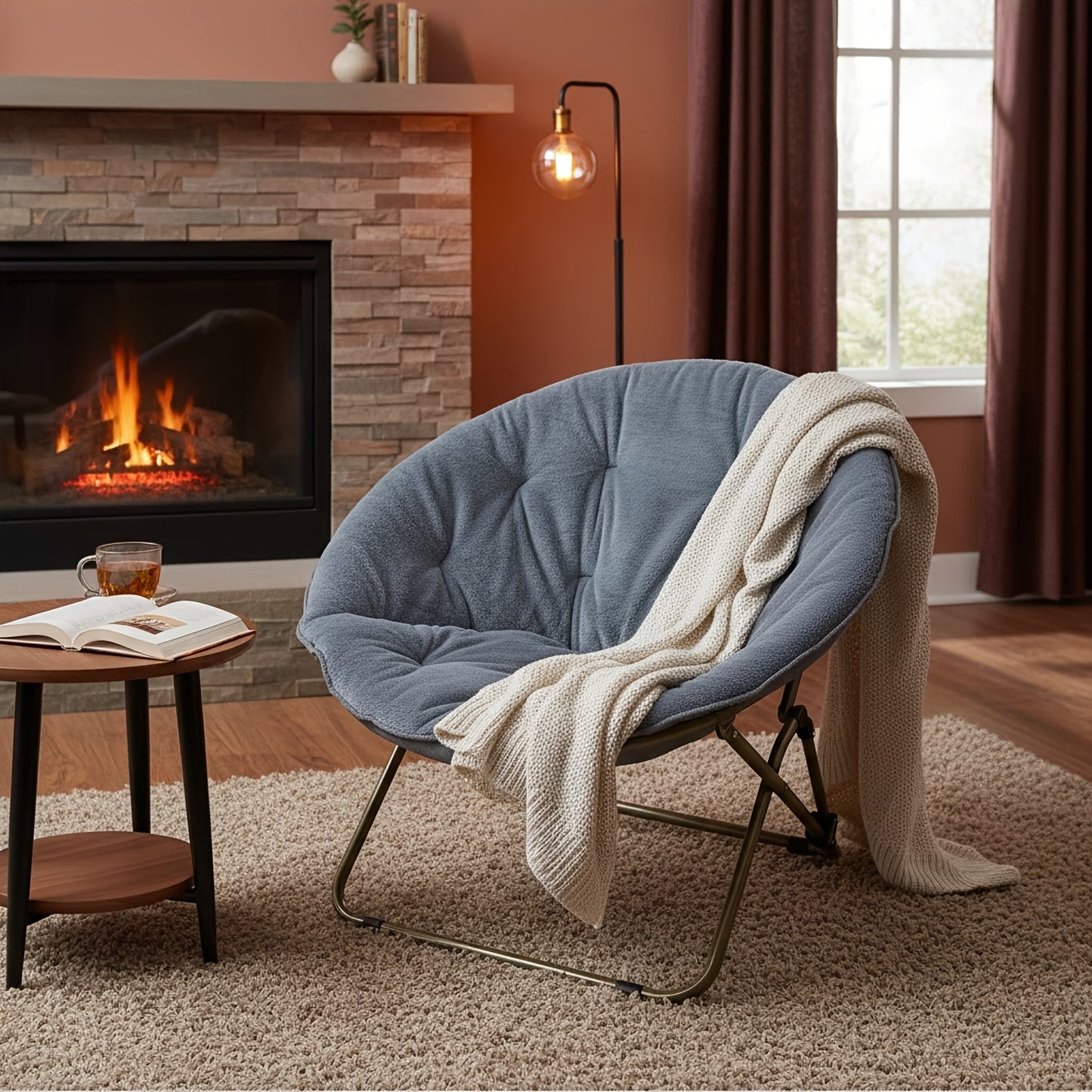 Faux Fur Saucer Chair XL Circle Seat For Bedroom Dorm And Gaming Foldable