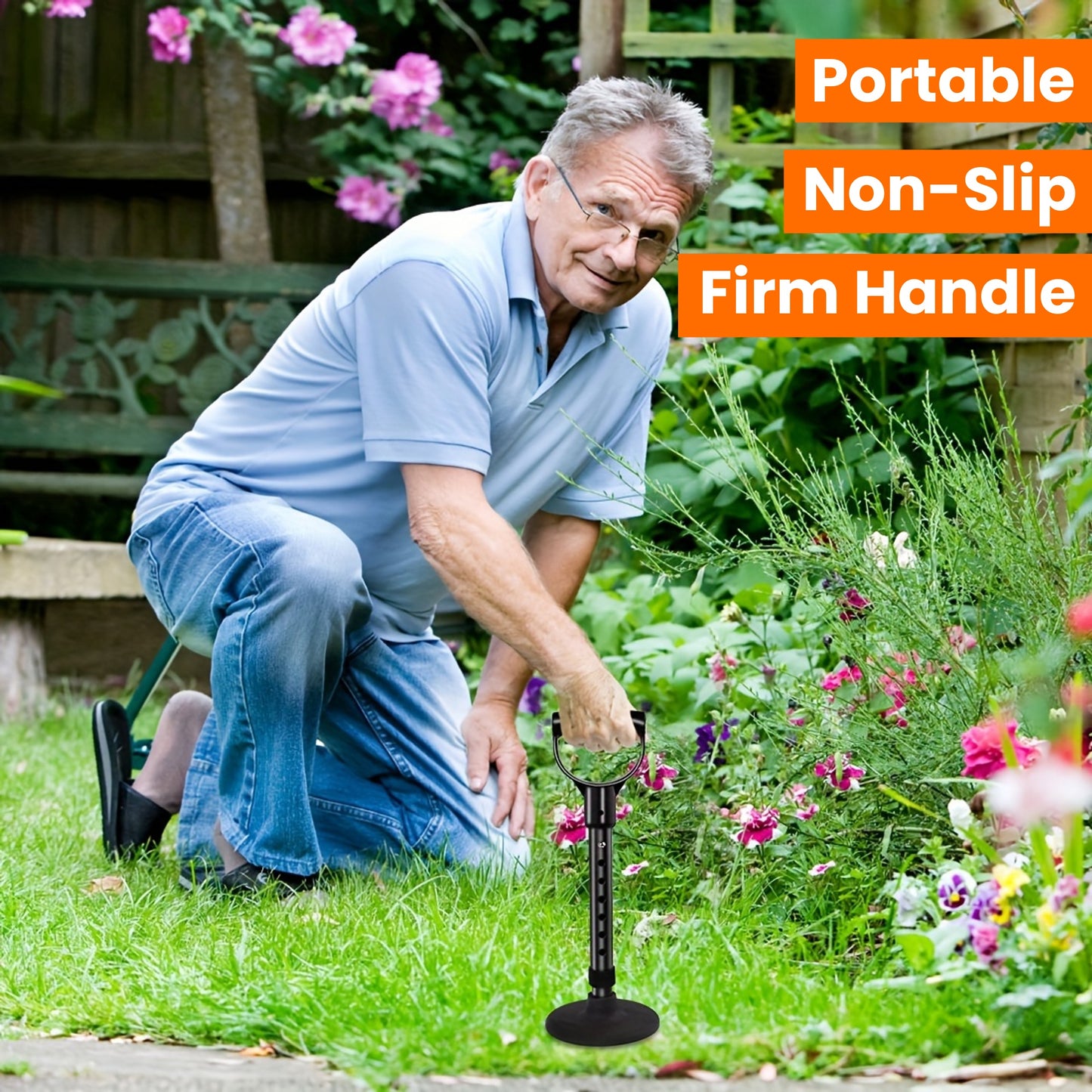 1pc Adjustable Metal Standing Aid Support Bar - Portable Lift Assist Tool with 7 Height Levels, Non-Slip Rubber Base & Firm Handle, Black Aluminum Mobility Aid for Easy Floor Rising & Gardening Assistance