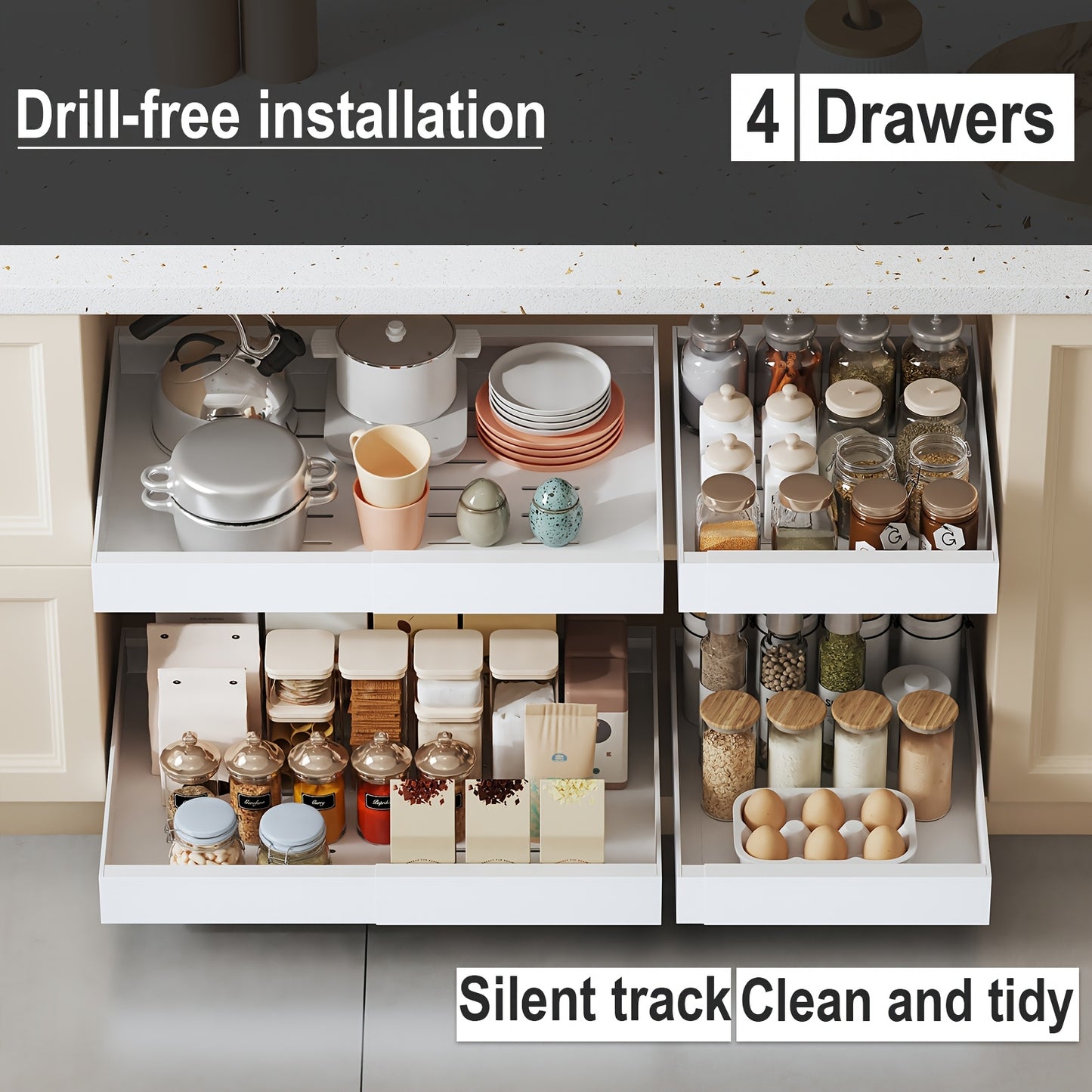 4-Drawer Heavy Duty Slide Out Cabinet Organizer - 17" Deep, Expandable Width 12.6"-20.6", Ultra-Quiet Gliding Rails, Anti-Rust Carbon Steel, Dual-Mount Adhesive/Drill, Multi-Purpose Storage for Kitchen, Bathroom, Garage (Blac