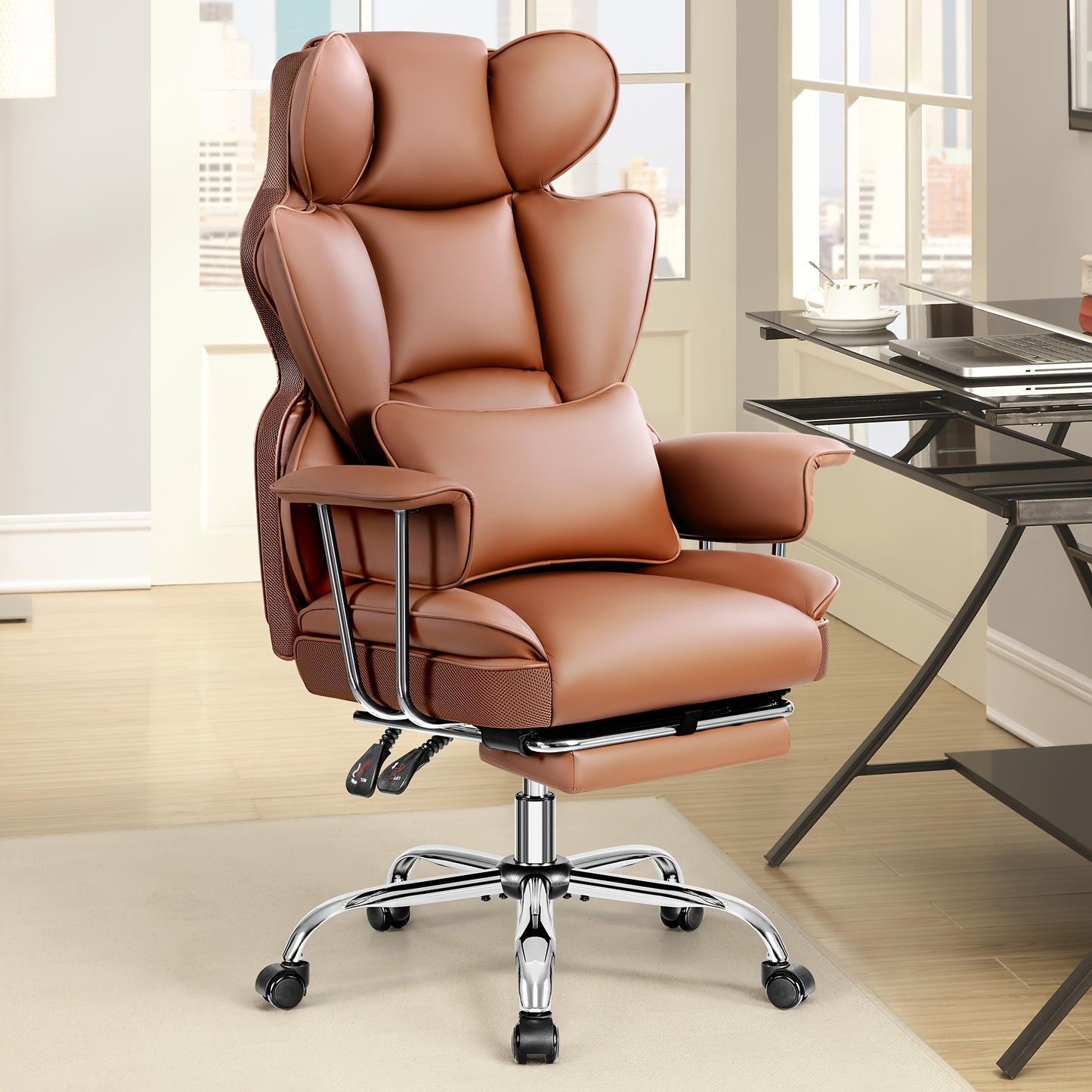 Premium Plus-Size Ergonomic Video Game Chair - Executive High-Back Leather Seat with Enhanced Lumbar Support, Integrated Footrest, and Adjustable Armrests for Ultimate Comfort in Spacious Homes and Offices