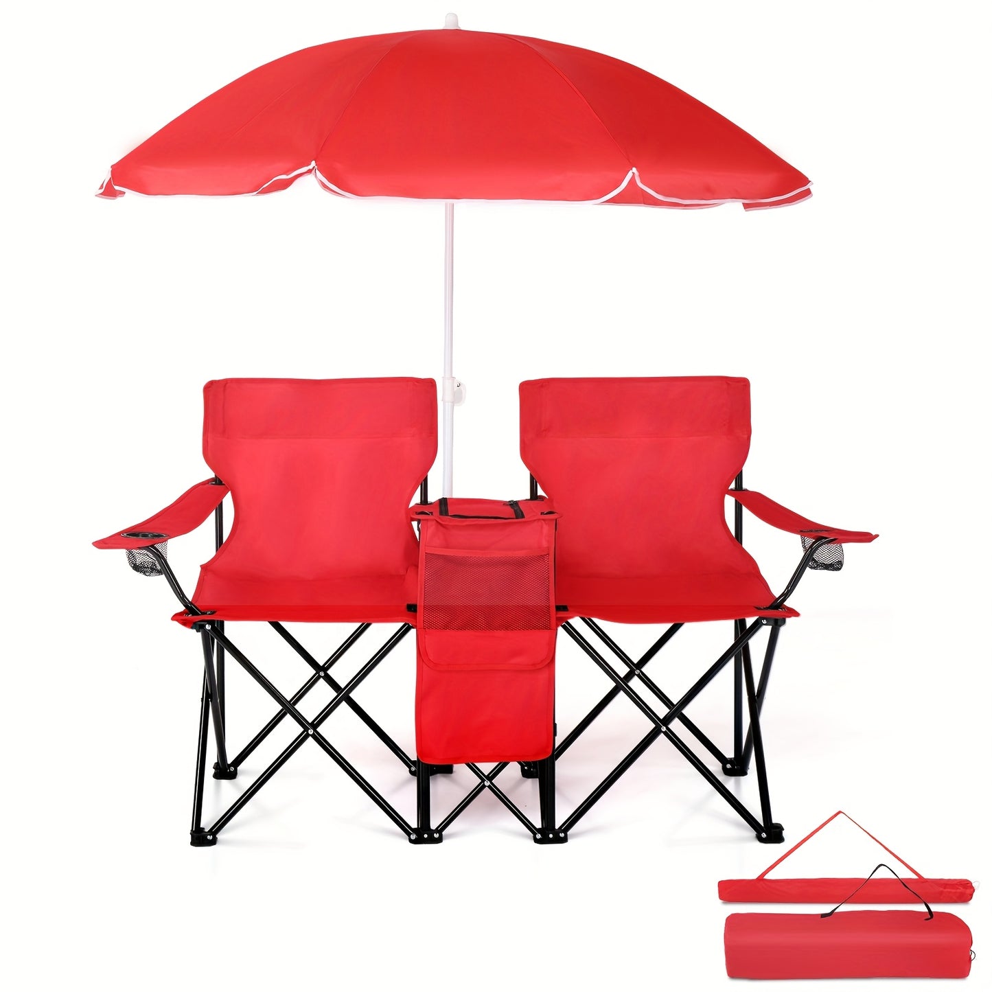 Outdoor Folding Chair 2 Seat Portable With Removable Sun Umbrella Blue