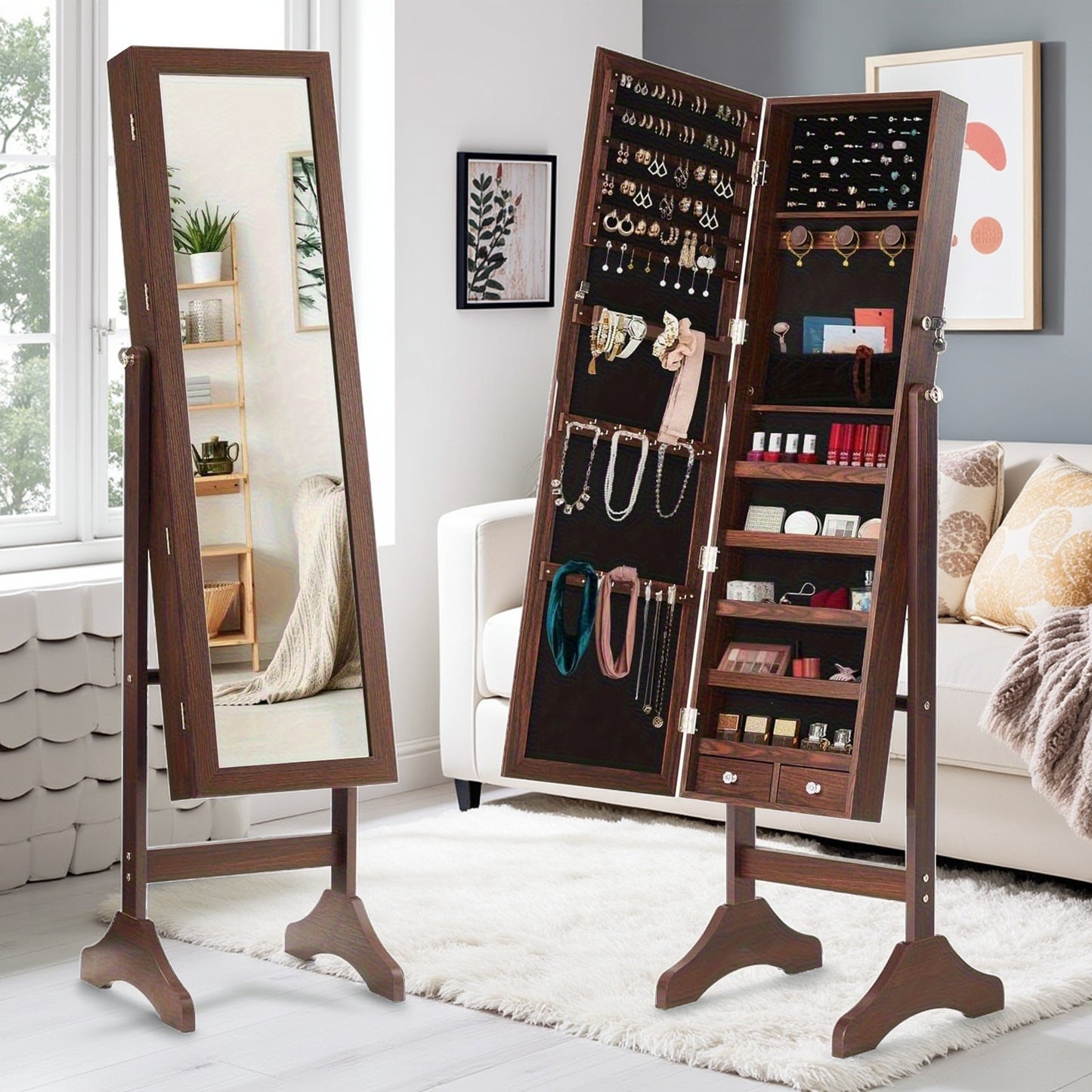 60 Inch Jewelry Armoire With Full Length Mirror And Lockable Velvet Lining