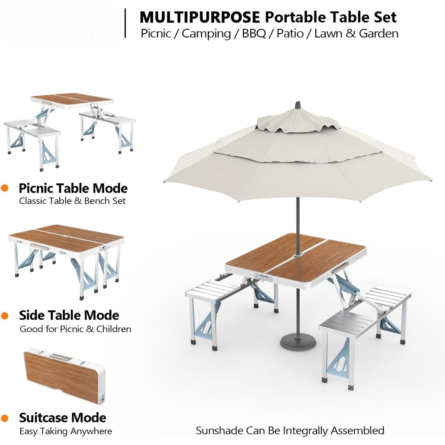4 Ft Folding Camping Table With 4 Seats And Umbrella Hole