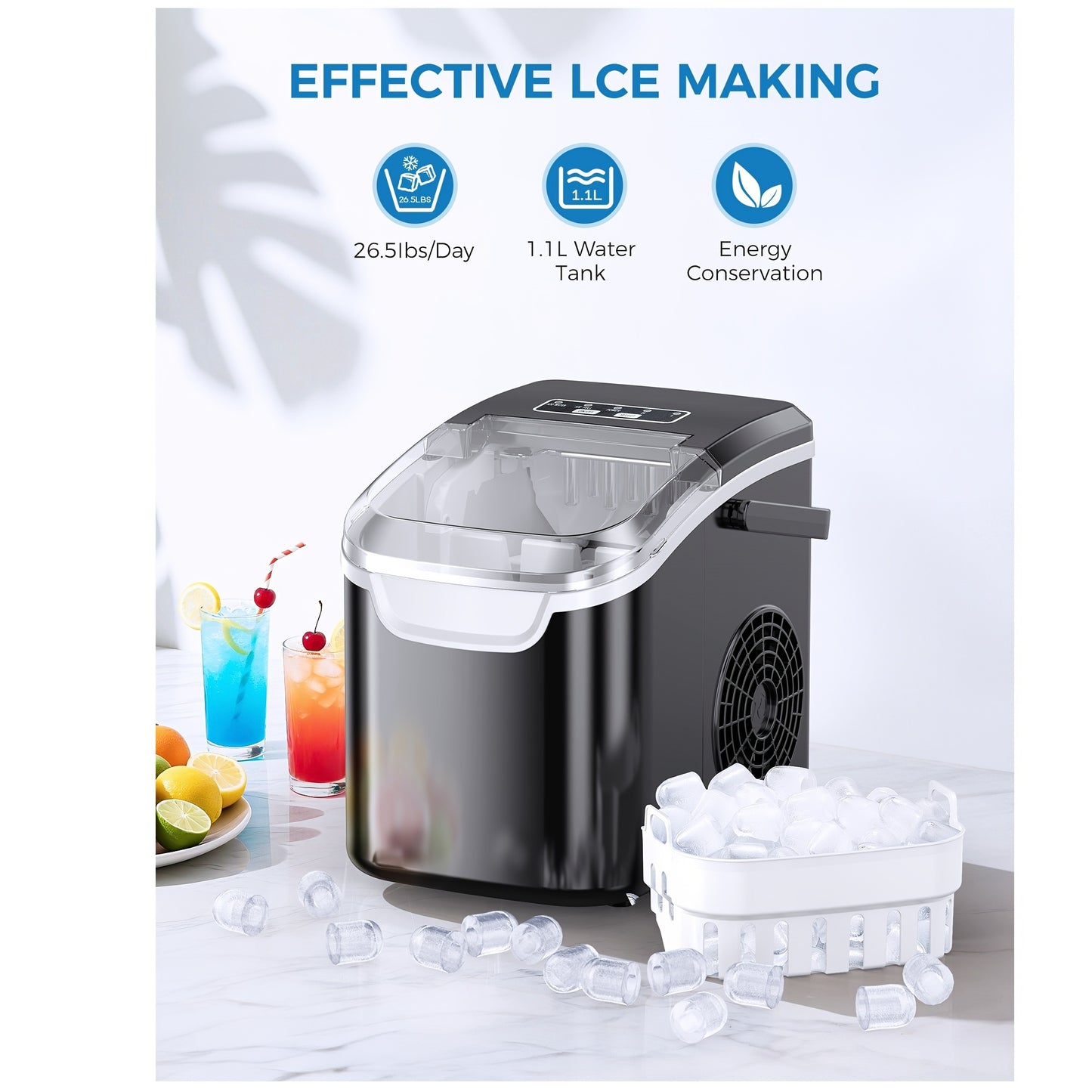 Portable Ice Maker 8 Cubes in 6 Minutes Two Sizes Black
