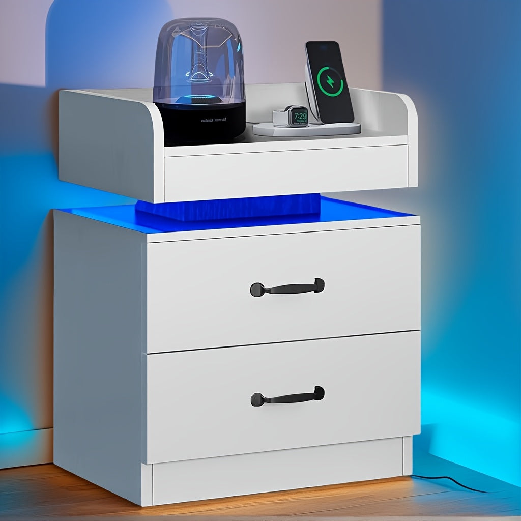 Nightstand With Charging Station And LED Lights Modern End Table With 2 Drawers