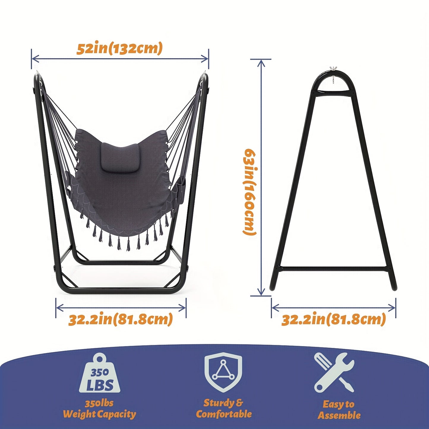 Hanging Lounge Chair With Side Pocket Double Tube Outdoor U Shaped Stand 350 Lbs