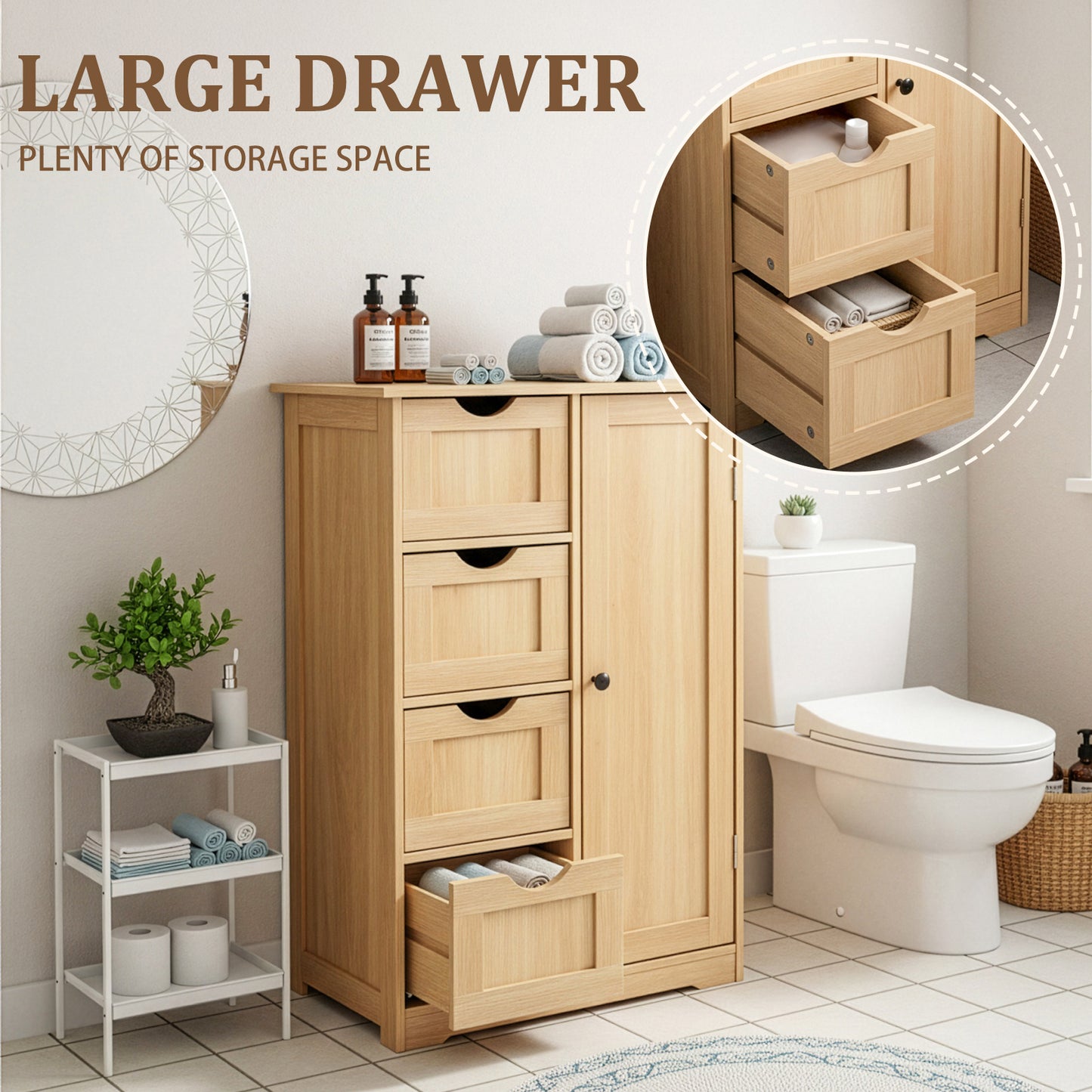 4 Drawer Bathroom Vanity Cabinet With Door Natural Wood Laminate 56x30x80cm