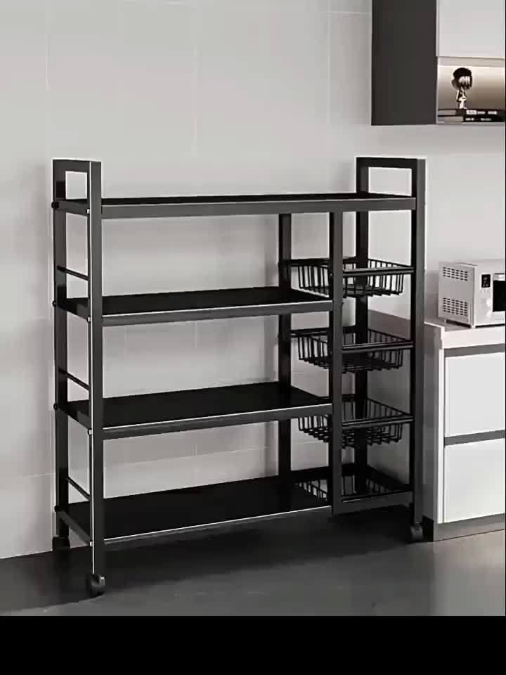 Movable 4-Tier Adjustable Kitchen Storage Rack With Wheels And Wire Baskets