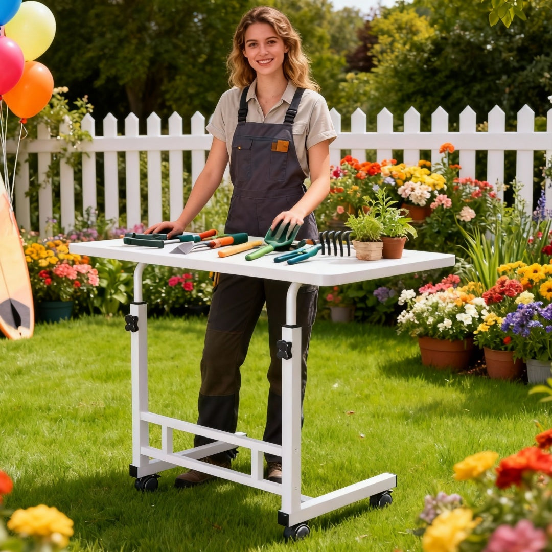 Sturdy Adjustable Height Garden Workbench With Lockable Wheels Metal Frame