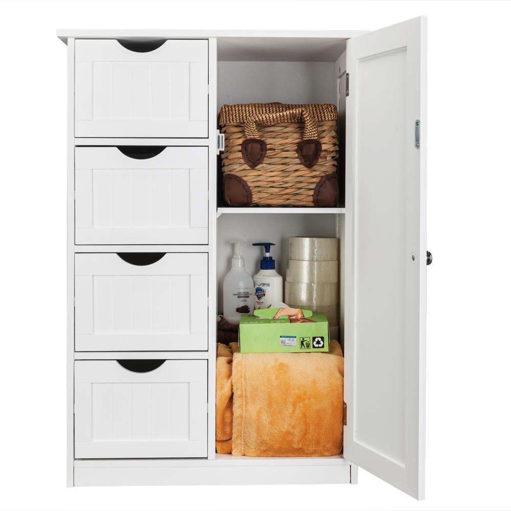 White Bathroom Floor Cabinet Side Storage With 4 Drawers 1 Cupboard 2 Shelves