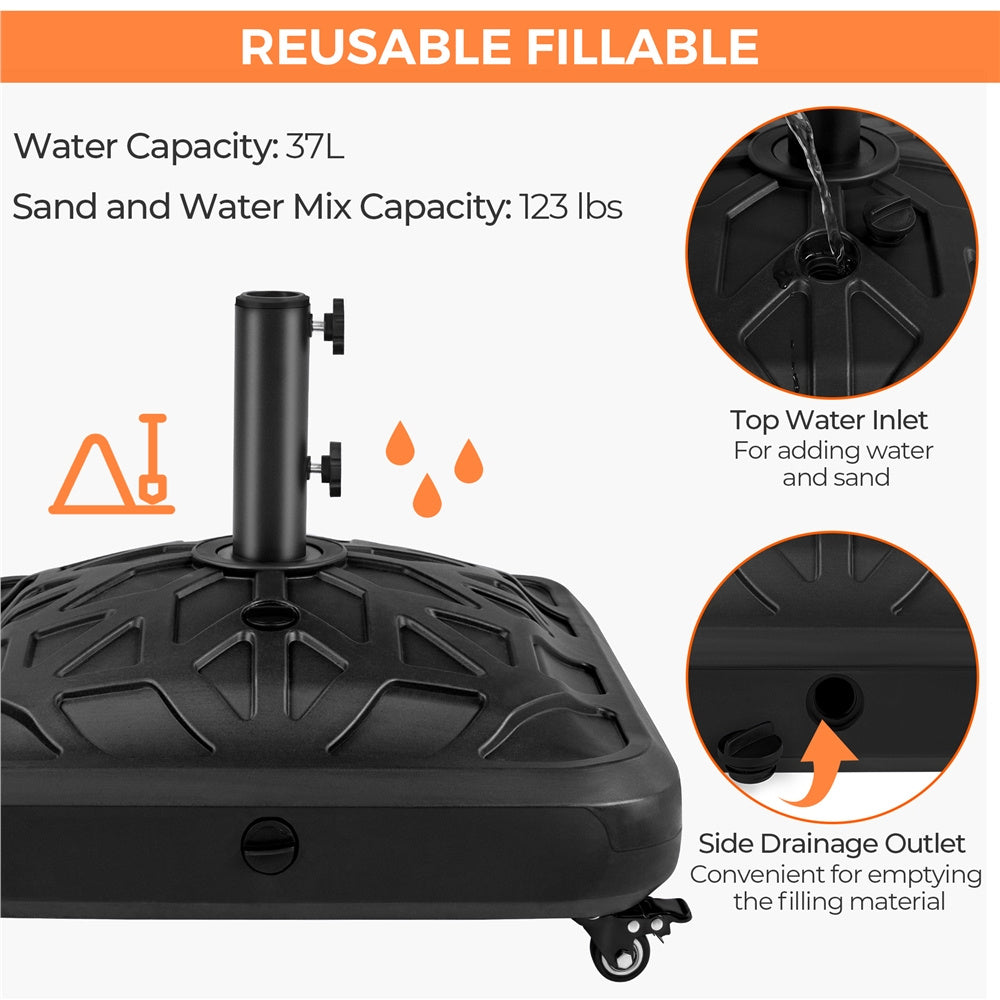Costoffs Fillable Mobile Umbrella Base, Heavy Duty Patio Umbrella Pole Holder for Outdoor 4 Wheels, 4 Locks 2 Knobs 123lb Capacity for Deck, Poolside, Garden, Black-Checkered