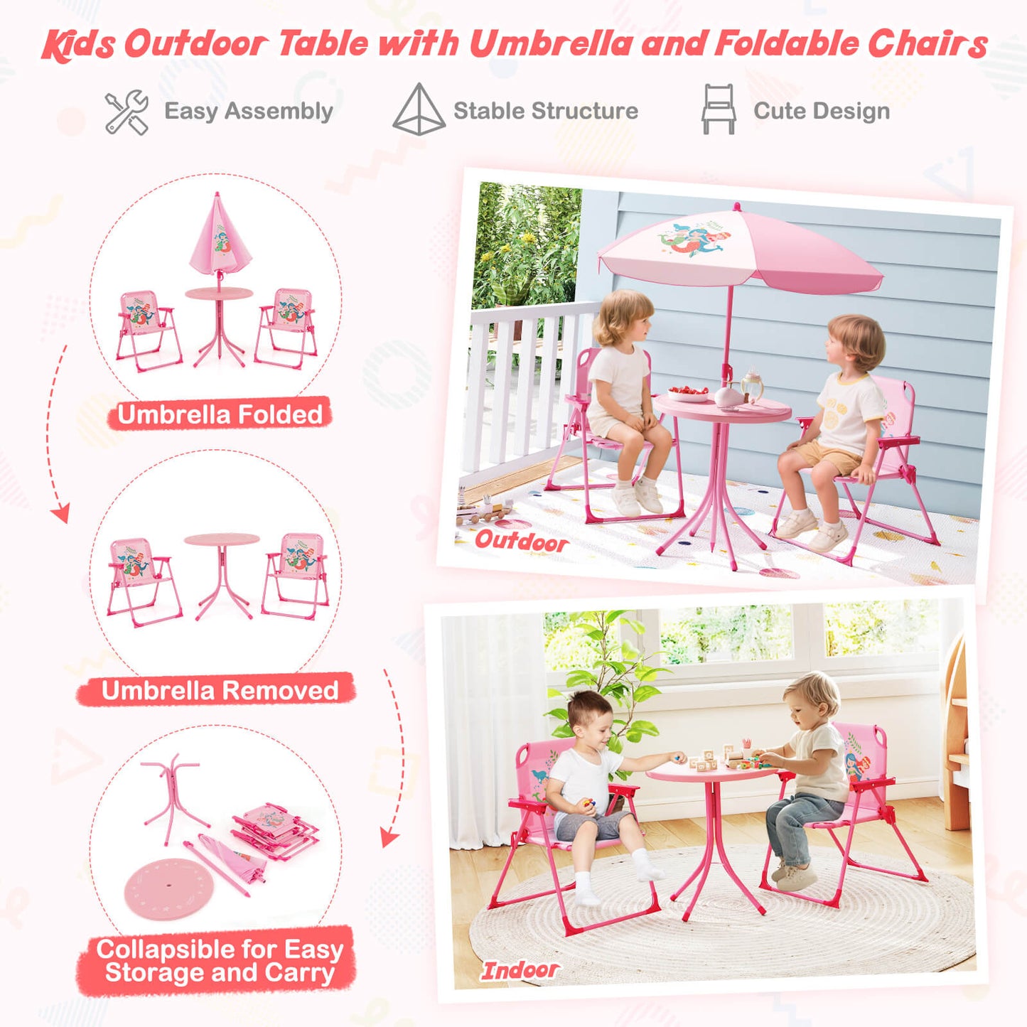 Costway Kids Picnic Table And Chairs Set With Umbrella