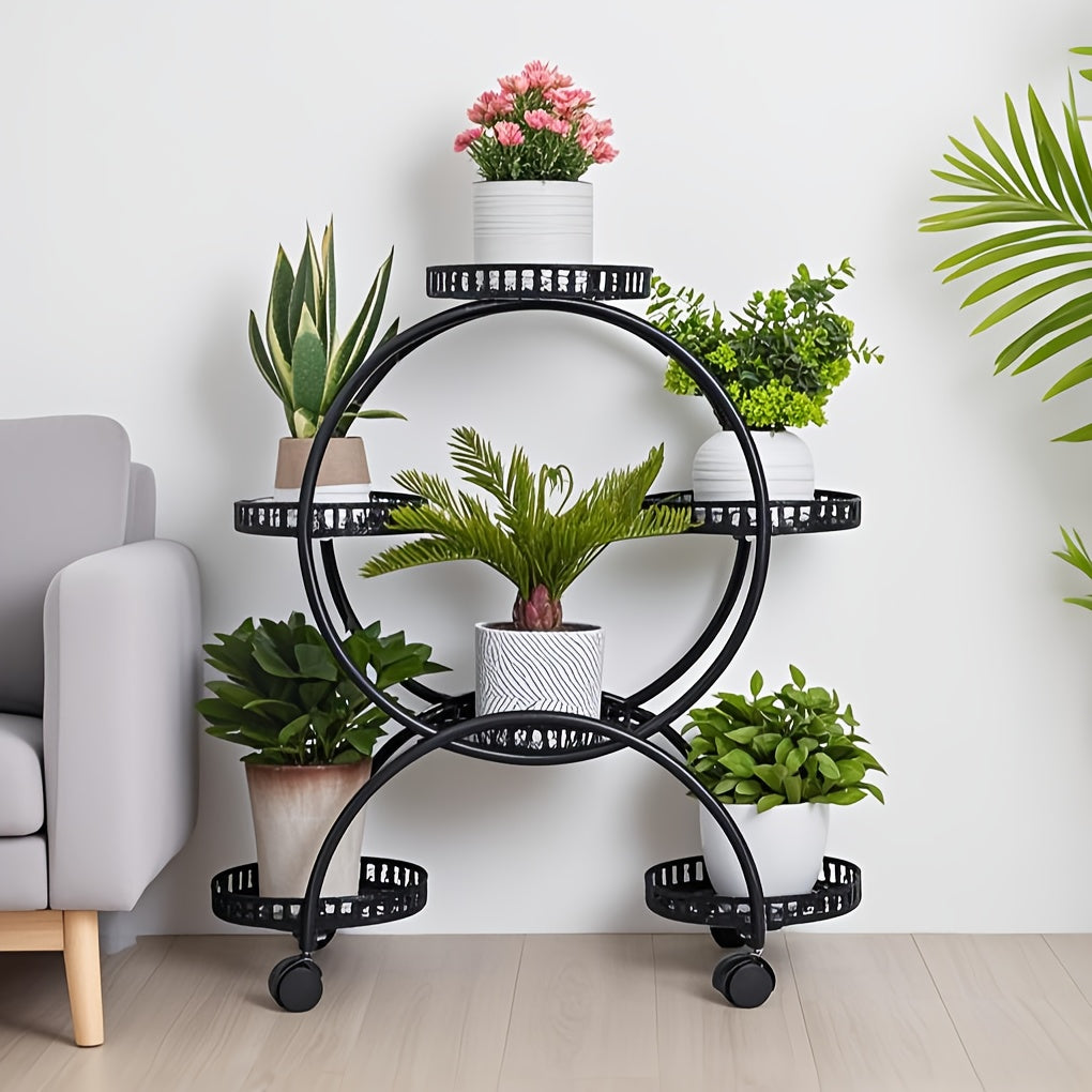 6 Pot Metal Plant Stand With Wheels Wrought Iron Garden Cart For Patio