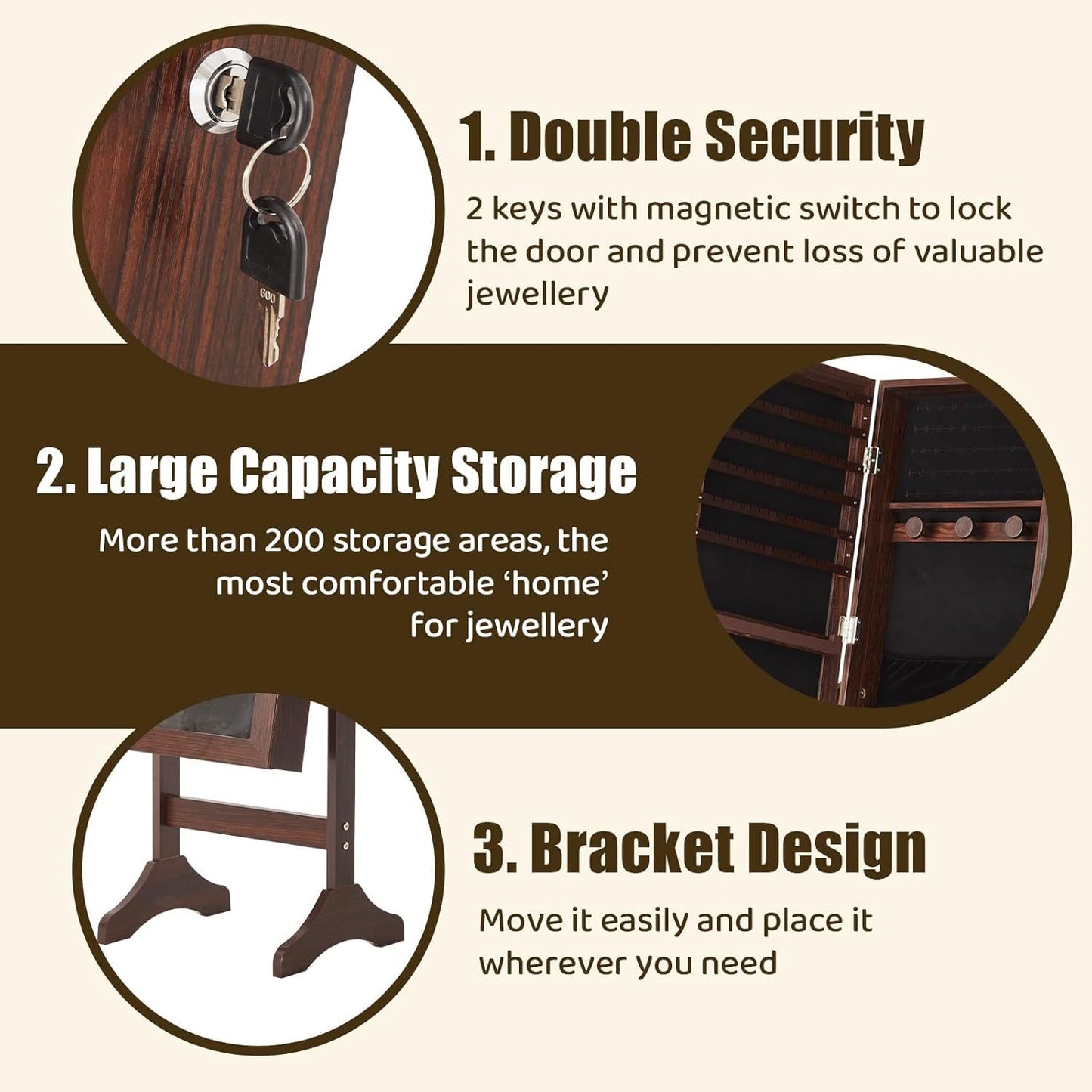 60 Inch Jewelry Armoire With Full Length Mirror And Lockable Velvet Lining