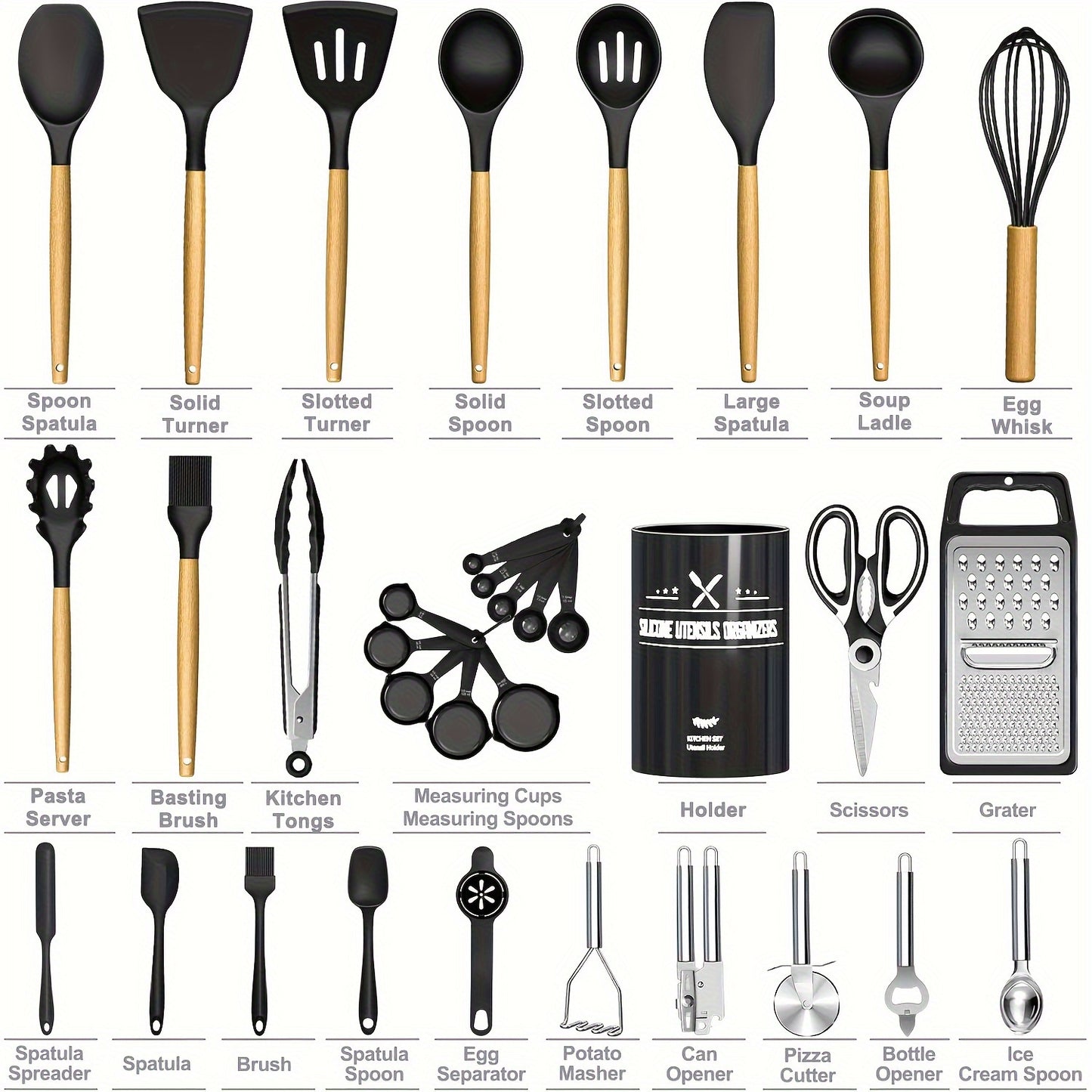 [Heat Resistant Kitchen Utensils] 34PCS Heat Resistant Silicone Kitchen Utensils Set - Cooking Utensils With Holder, Nonstick Cookware Spatula Set, Black Wooden Handles Kitchen Gadgets Tools Set