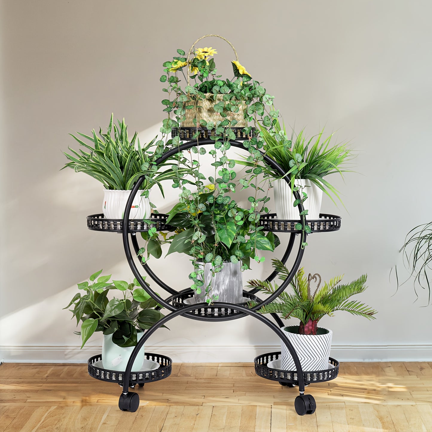 6 Pot Metal Plant Stand With Wheels Wrought Iron Garden Cart For Patio