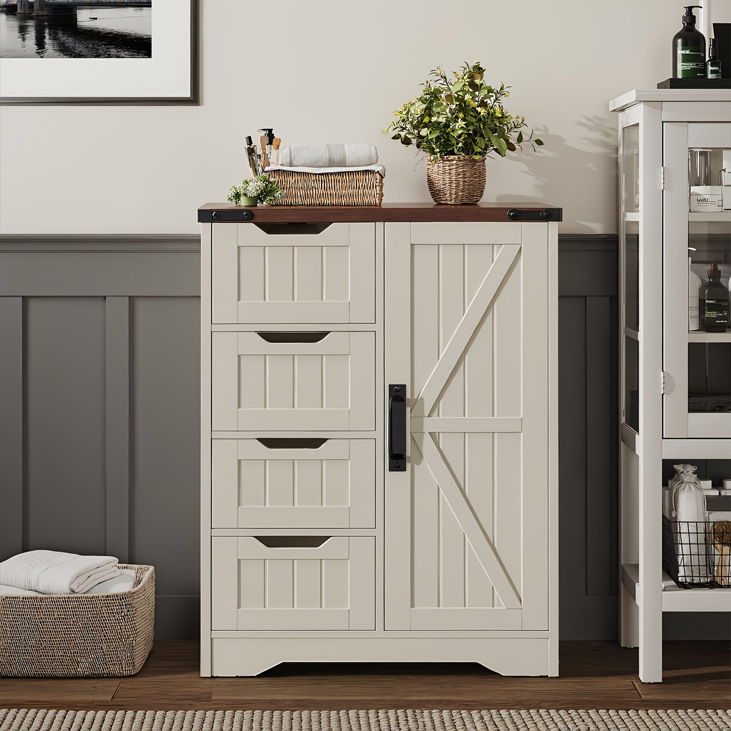 White Freestanding Rustic Slim Bathroom Storage Cabinet With 4 Drawers And Door