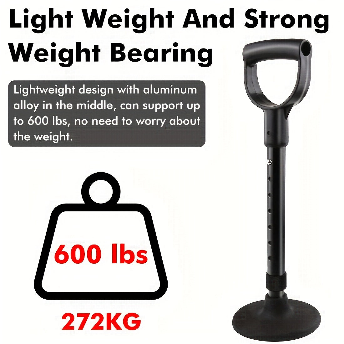1pc Adjustable Metal Standing Aid Support Bar - Portable Lift Assist Tool with 7 Height Levels, Non-Slip Rubber Base & Firm Handle, Black Aluminum Mobility Aid for Easy Floor Rising & Gardening Assistance