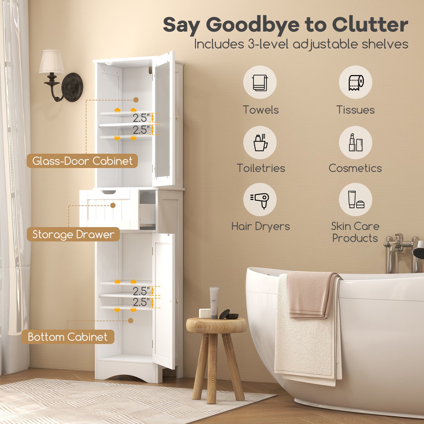 COSTWAY Tall Bathroom Cabinet With Glass Door And Adjustable Shelves