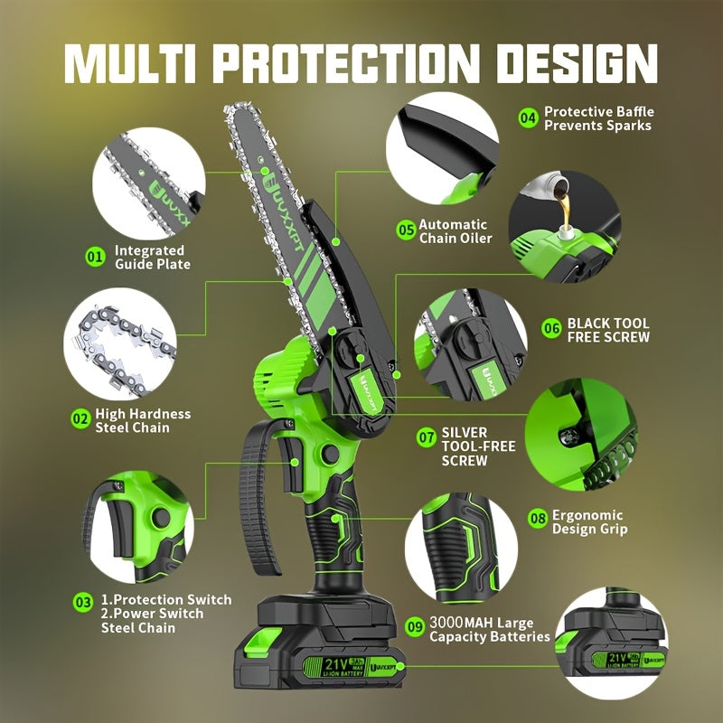 8 Inch Cordless Mini Chainsaw With 2 Batteries 3 Chains Oiler Lightweight
