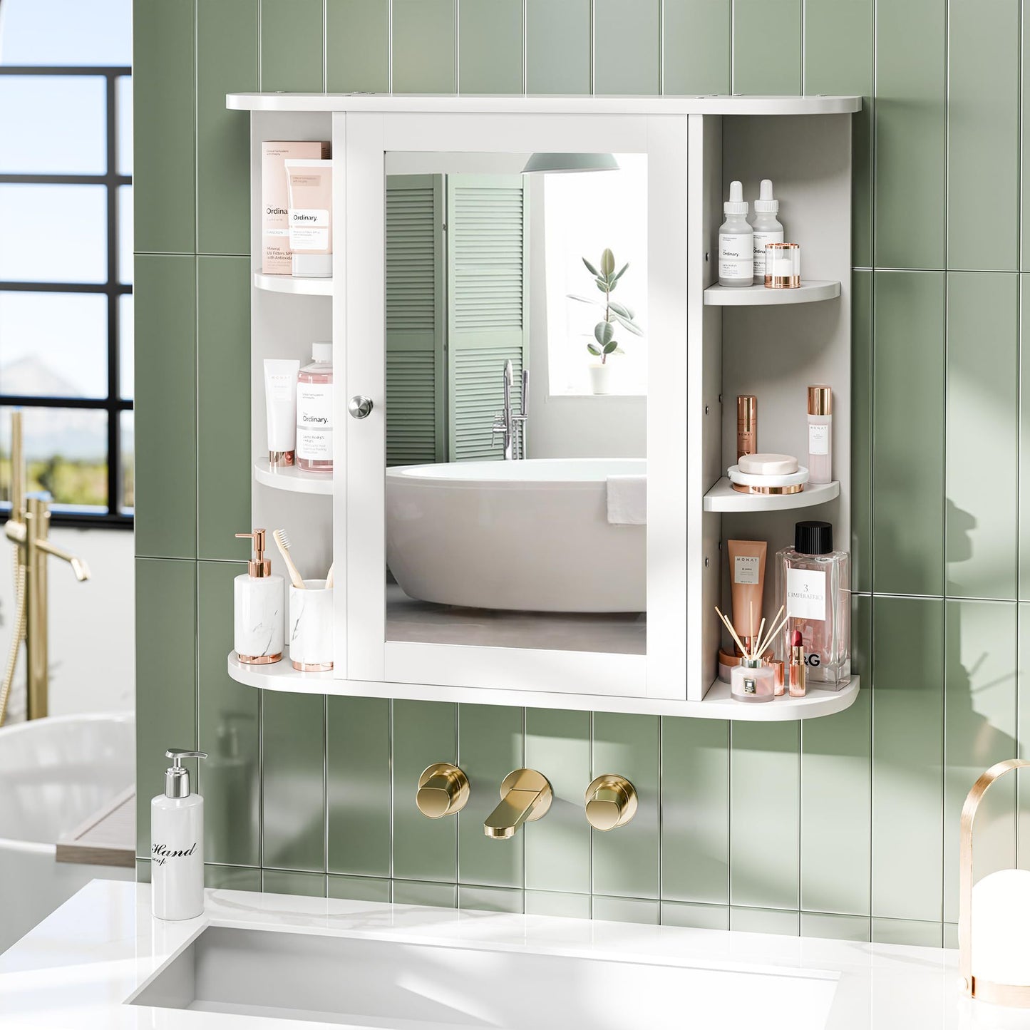 White Bathroom Wall Mount Medicine Cabinet With Mirror And Six Side Open Shelves