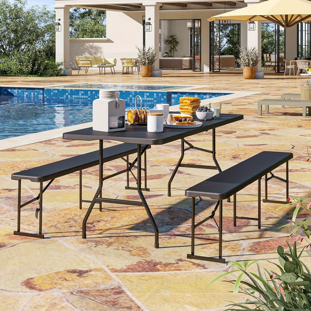 6ft Black Faux Wood Grain Folding Stool Heavy Duty PVC Portable Outdoor Chair