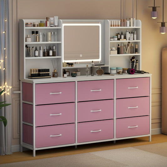 Makeup Vanity With Mirror 9 Fabric Drawers 8 Shelves 3 Lighting Colors White