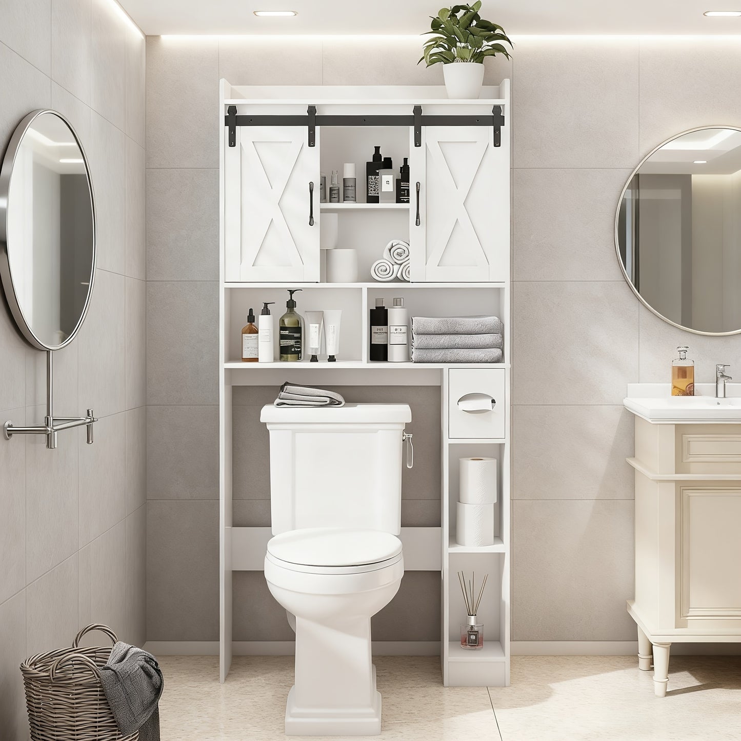 Farmhouse Over Toilet Cabinet With Sliding Doors Particle Board Mount BEFRASES
