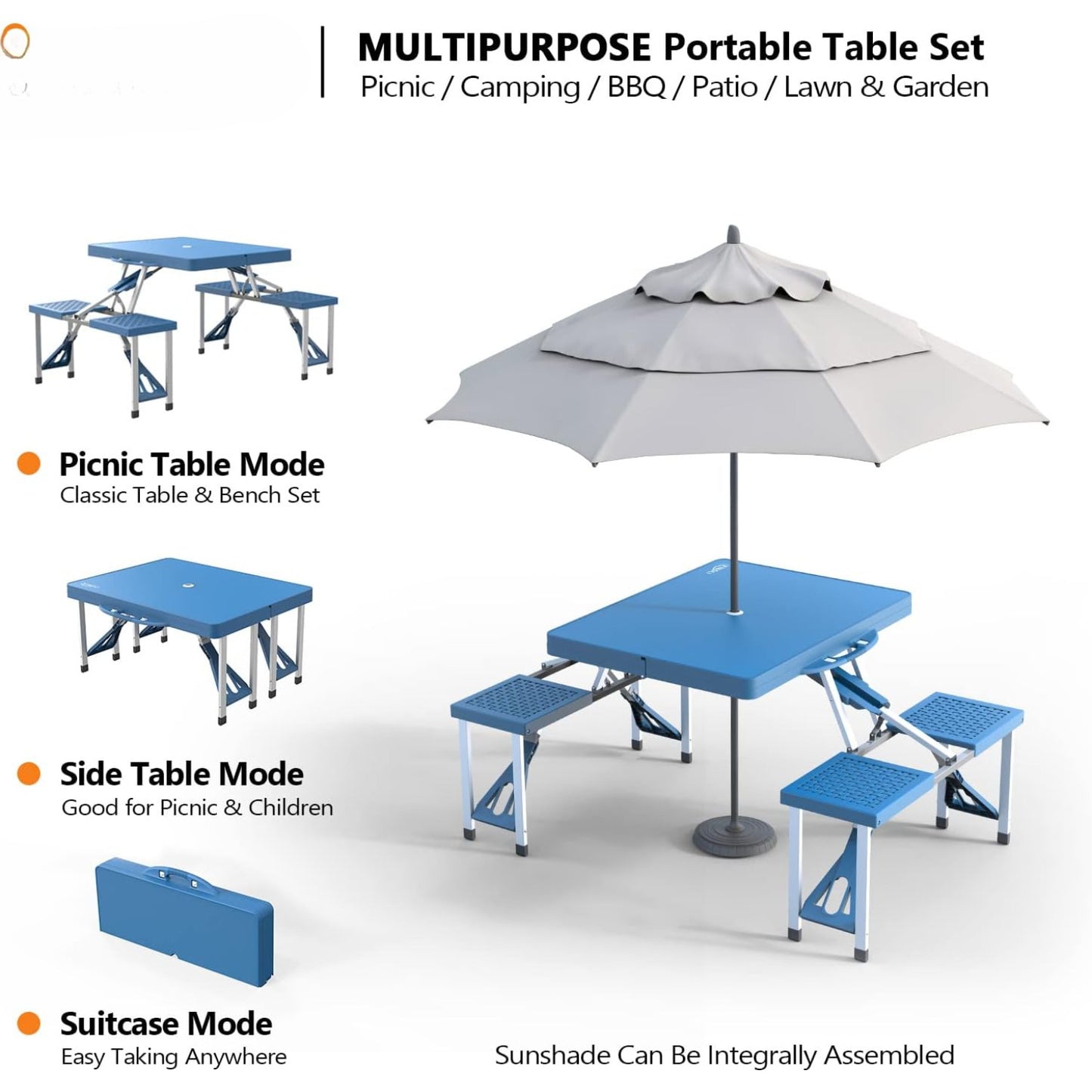 4 Ft Folding Camping Table With 4 Seats And Umbrella Hole