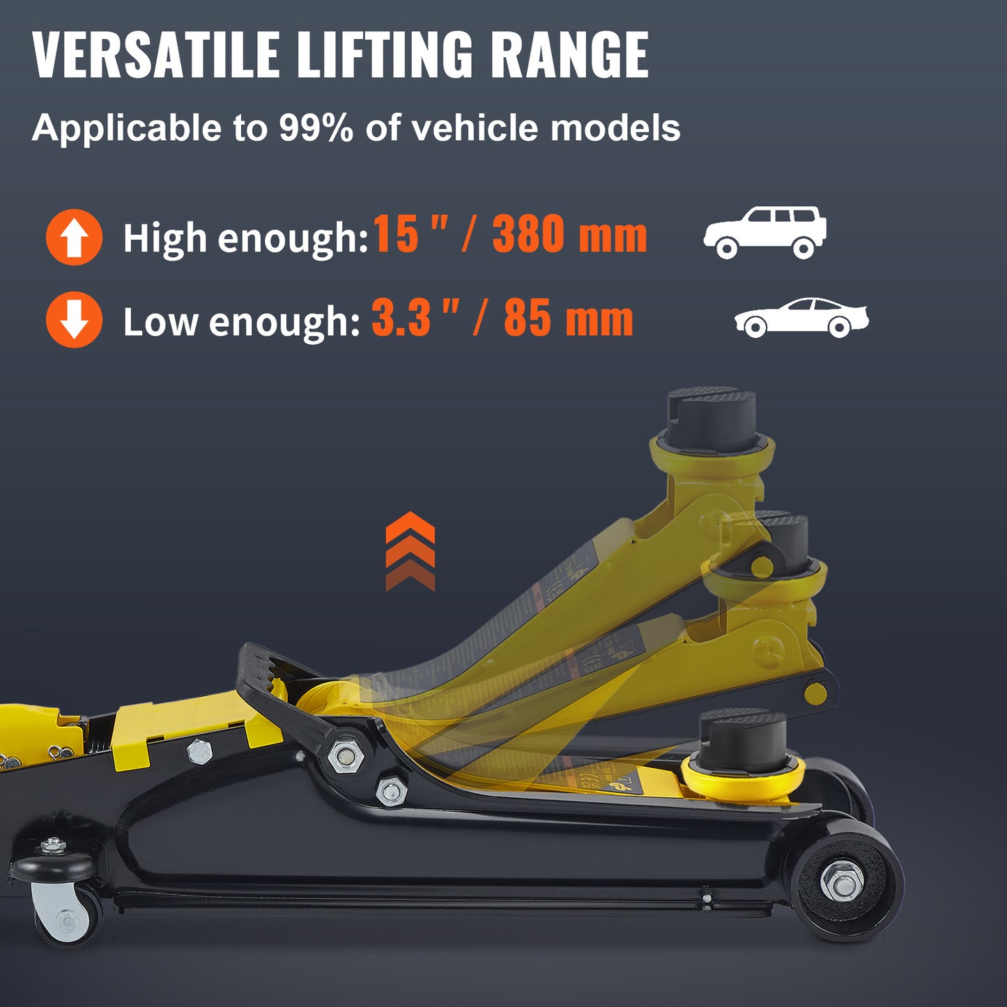 Happybuy 2.5 Ton Compact Steel Sport Elevator, Single Cylinder Ground Lift with Adjustable Handle and Safety Warning Labels - Black & Yellow, 3.35"-14.96" Height Range, Industrial Lifting Equipment|Manual Operation Lift|Iron