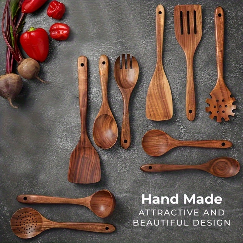 10pcs Quality Teak Cookware Set - Non-stick Friendly, Heat Resistant, Ergonomic Handle, Comfortable Grip - Perfect For Stirring, Baking, Serving And Easy Cooking