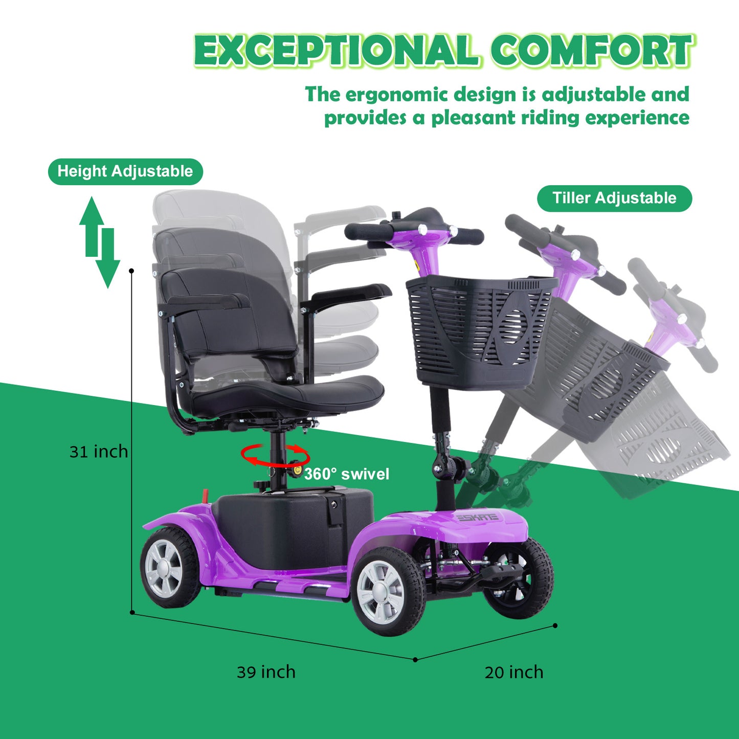 Electric Mobility Scooter for Adults, Senior, 4 Wheels Electric Powered Chargeable Device for Travel