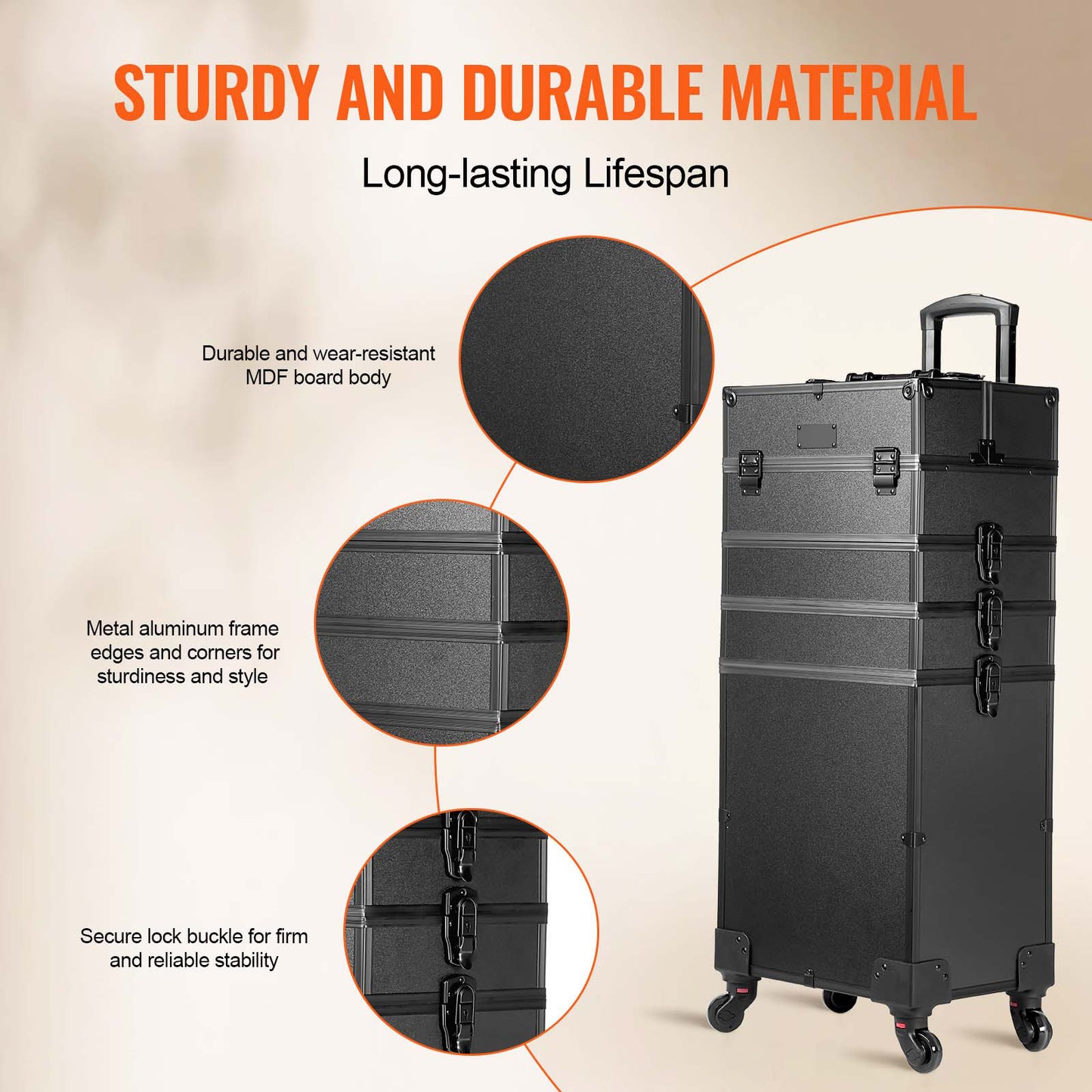 VEVOR 5 In 1 Extra Large Professional Makeup Train Case Rolling Case Black