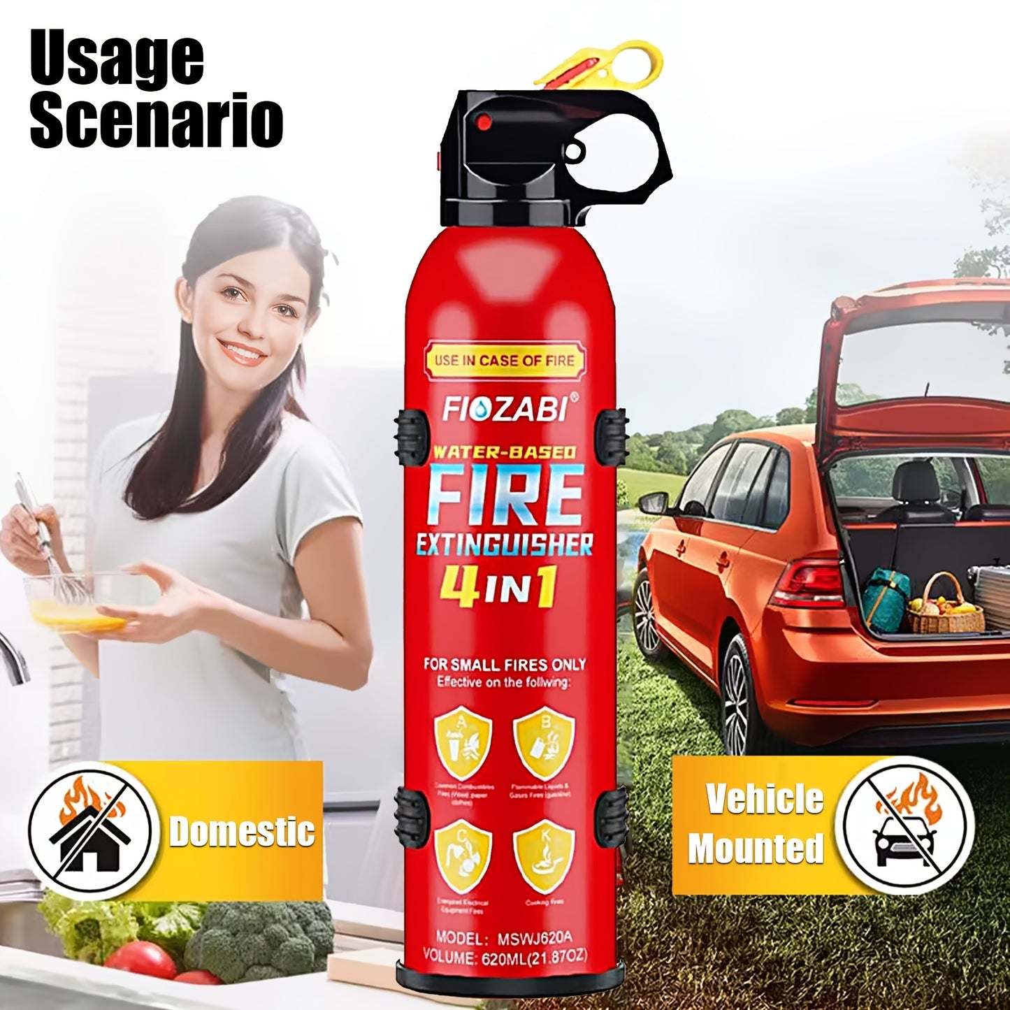 Portable Fire Extinguisher | 4-in-1 Small Fire Extinguisher For Home, Garage, Kitchen, Car | For Electric, Textile And Grease Fires | Non-Toxic, Easy Clean | Wall Mount Include