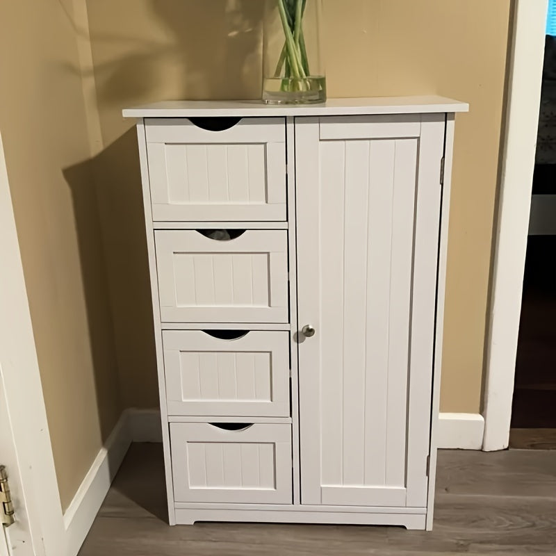 White Bathroom Storage Cabinet With Single Door And 4 Drawers
