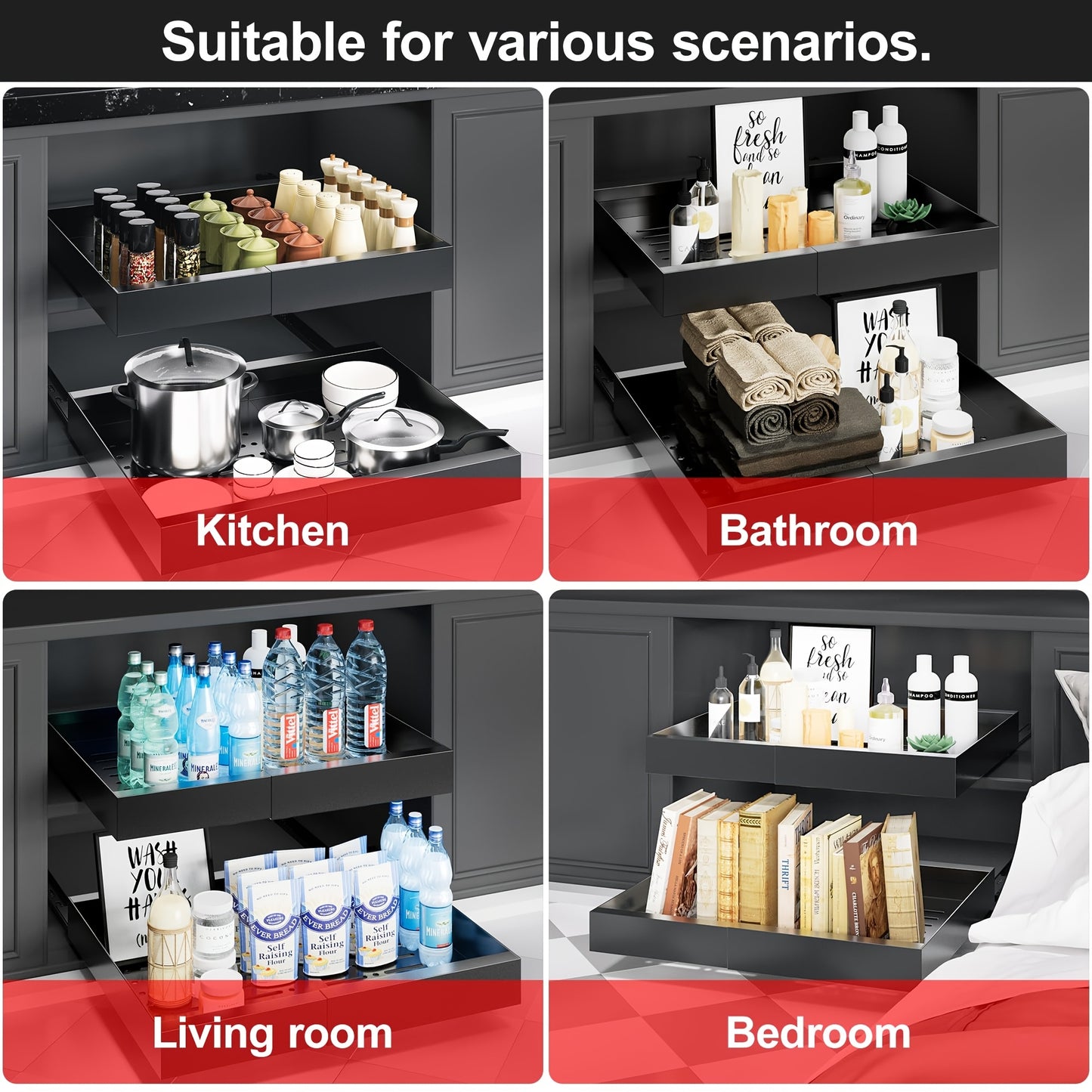 4-Pack Expandable Pull Out Cabinet Organizer, Heavy-Duty Carbon Steel Slide-Out Drawer (12.6"-20.5"W), Silent Sliding Roll-Out Shelf With Adhesive Nano Film Or Screw Installation, Rust-Resistant Storage Rack For Kitchen, Bath