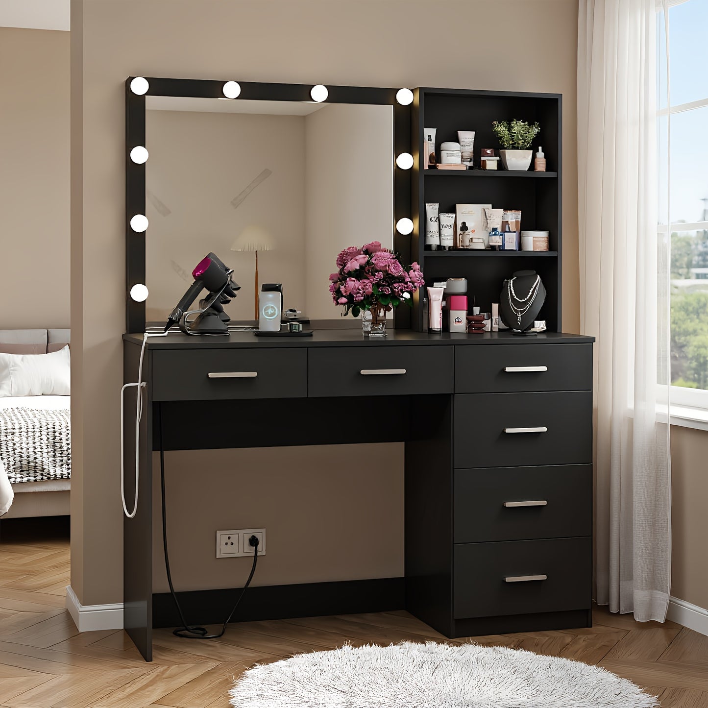 Modern Makeup Vanity Table With Lighted Mirror 6 Drawers 3 Color LED Lights