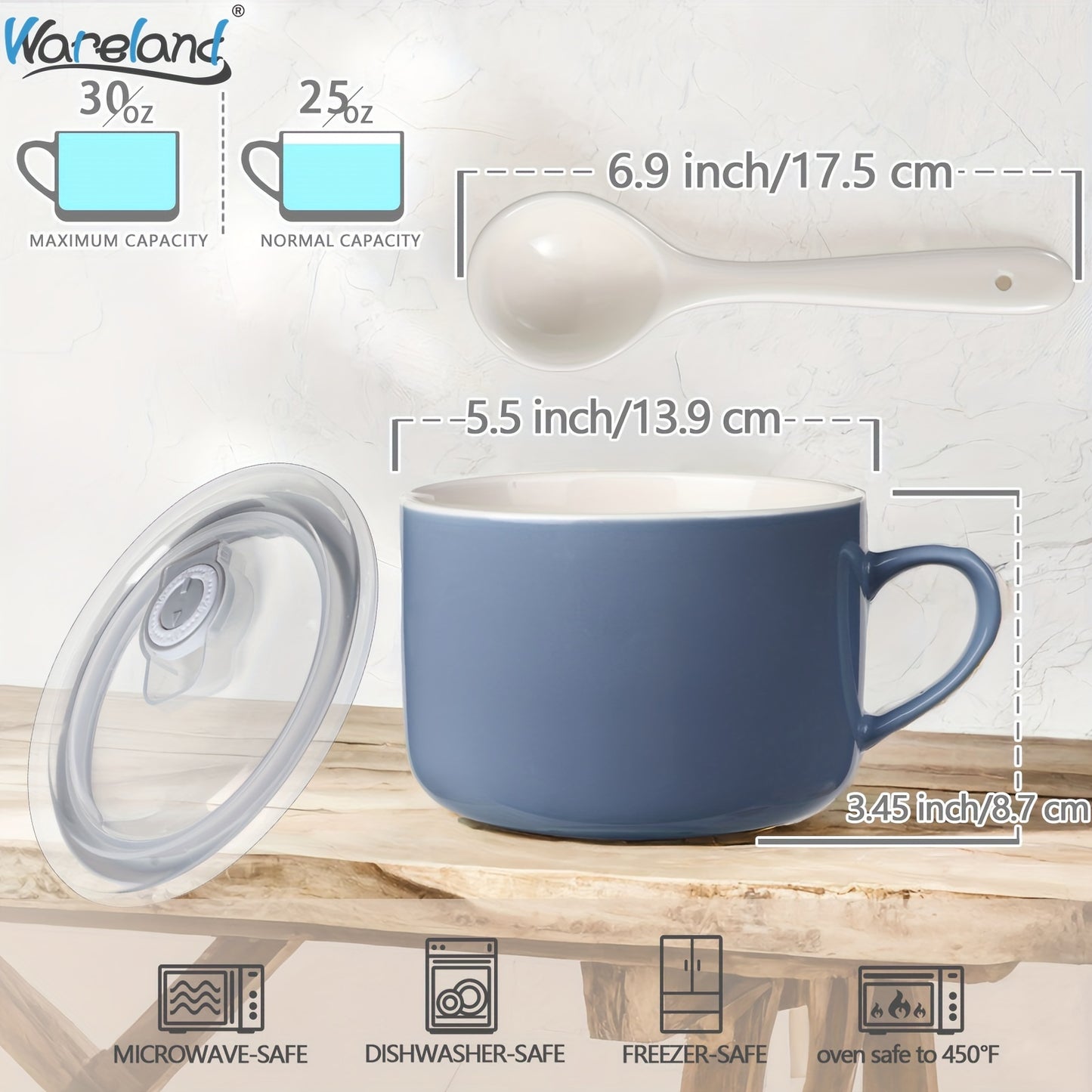 6pcs Soup Bowls with Handles & Spoons, 30oz Ceramic Ramen Bowl with Lid, Large Soup Mugs/Cups for Instant Noodle, Big Cereal Bowls for Oatmeal, Salad Containers with Lids, Mother's Day/Valentine's Day Gift