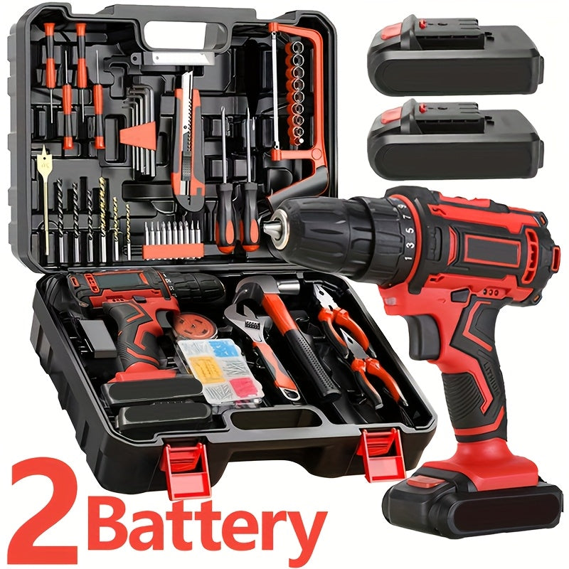 102pcs Set with 2 Batteries, Electric Drill Sleeve, Household Tool Sleeve, Electric Impact Wrench, Hand Tool Kit, Electric Screwdriver Kit - Ratchet Screwdriver Kit, Electric Drill And Home Repair for Easy Use