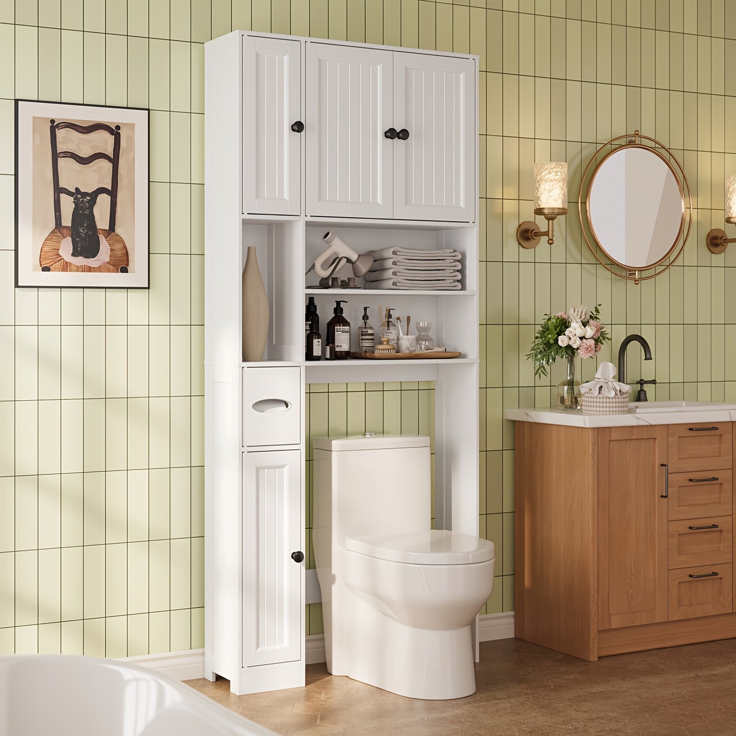 Over The Toilet Storage Cabinet With Adjustable Shelves 5 Doors Bathroom White