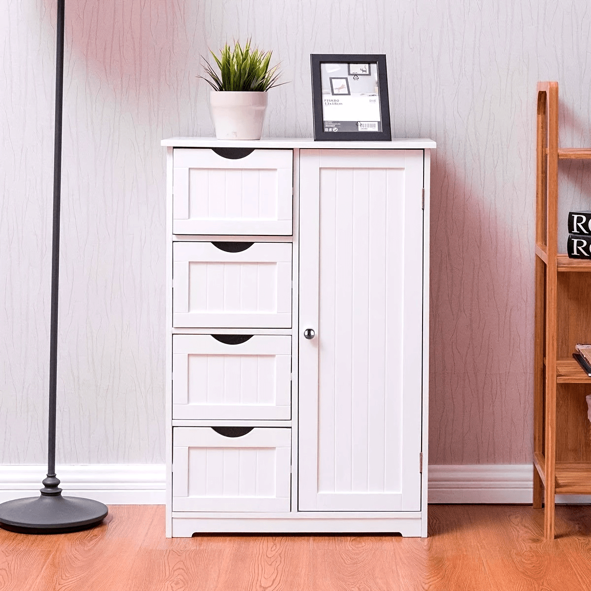 White Bathroom Storage Cabinet With Single Door And 4 Drawers