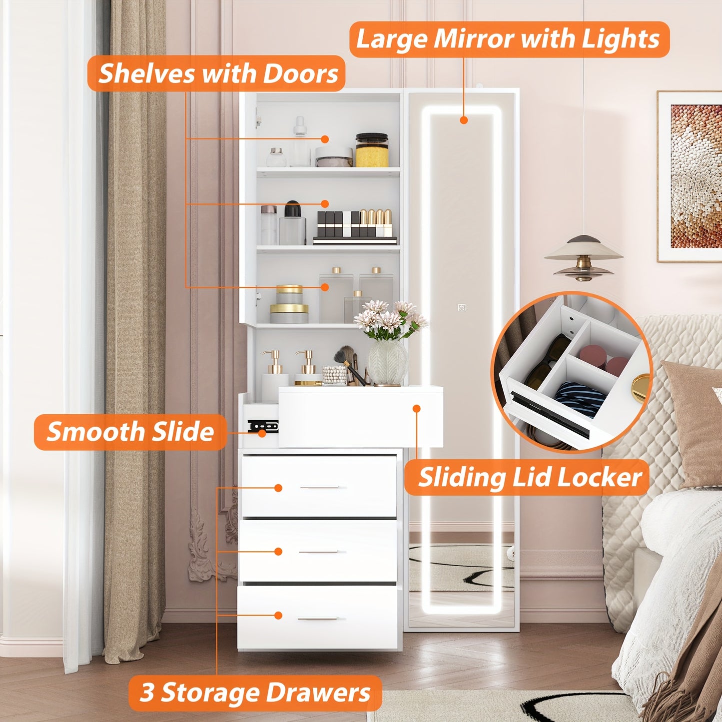 Modern Vanity Table With Drawers And Illuminated Full Body Mirror White
