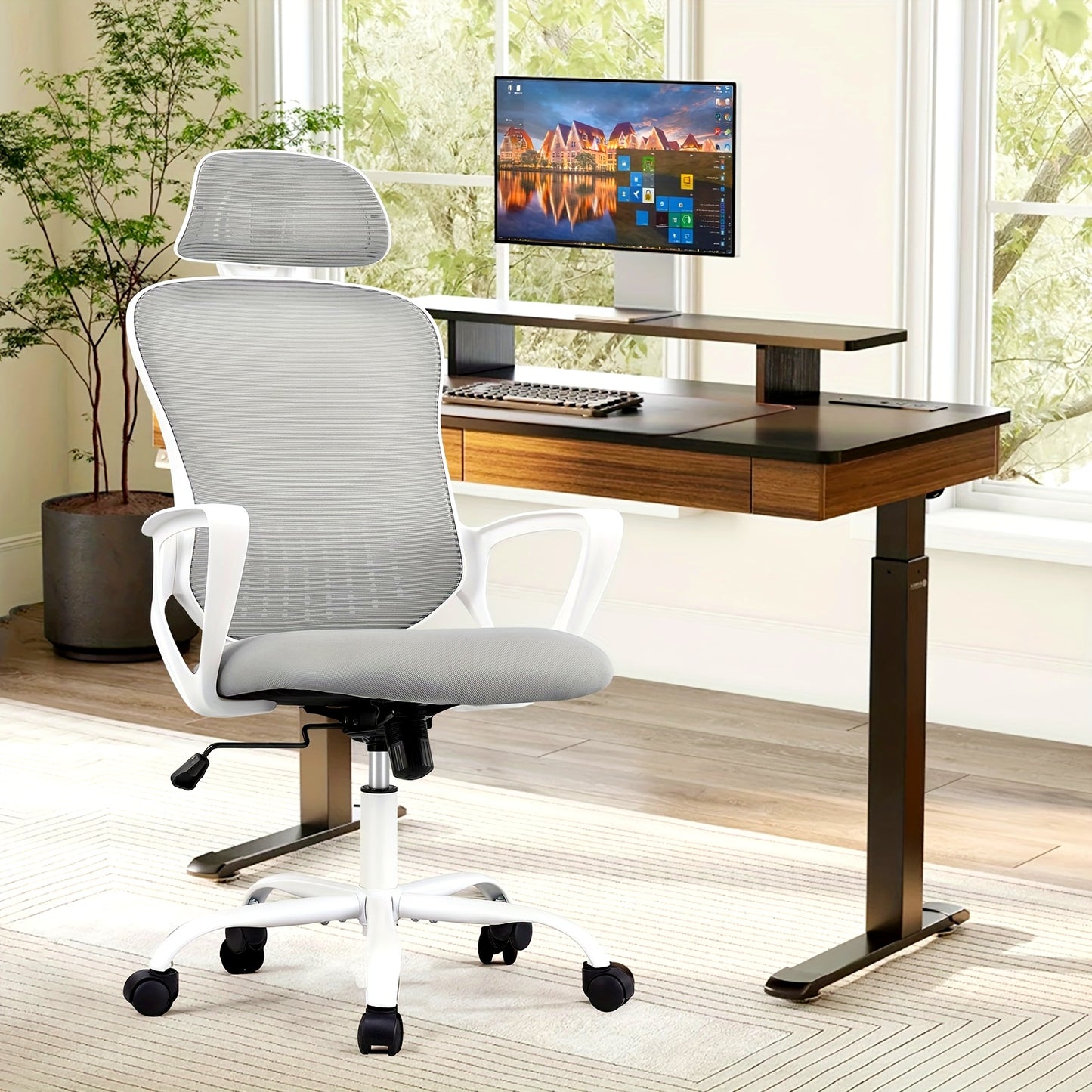 OLIXIS Ergonomic Office Desk Computer Chair, High Back Comfy Swivel Home Gaming Mesh Chairs with Wheels, Adjustable Headrest, Comfortable Lumbar Support, Flip-up Arms, 144° Tilt for Study