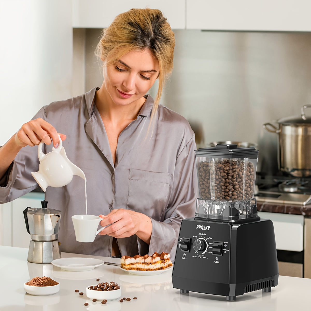 PRASKY 2400W Blender And Food Processor Combo 68oz 2 Containers 25000RPM