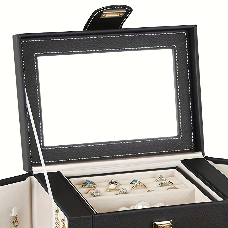 6 Layer Jewelry Storage Box With Mirror Black PU Leather 5 Drawers Necklace