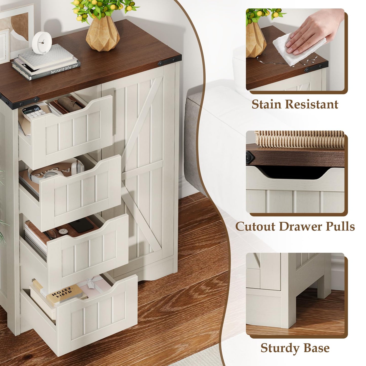 Farmhouse White Bathroom Storage Cabinet Freestanding With 4 Drawers And 1 Door