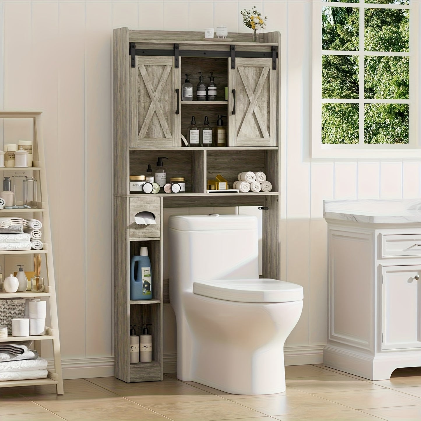 Farmhouse Over Toilet Cabinet With Sliding Doors Particle Board Mount BEFRASES